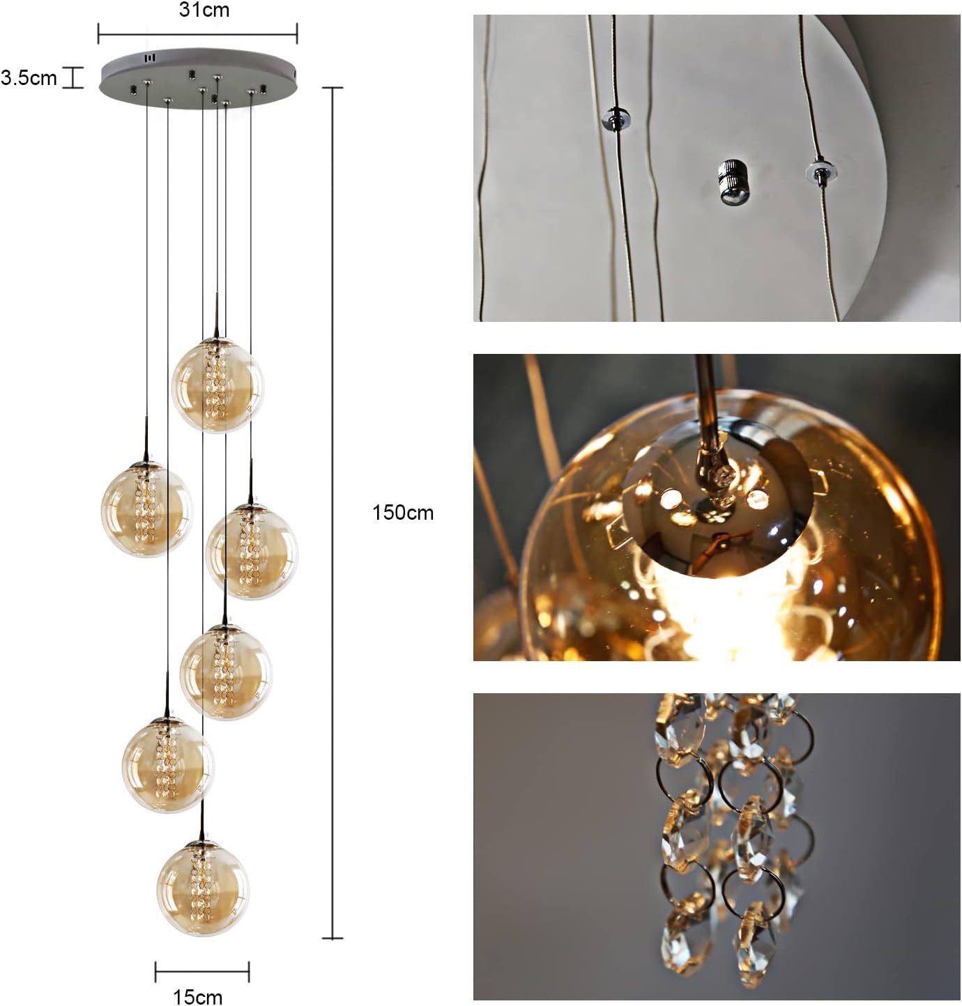 ZMH Pendelleuchte 1/3/4/6/10-flammig, Hängelampe mit Glaskugeln Ø 15 cm,G9 LED, Glaskugel Hochwertige Design, LED wechselbar, 6-Flammig Bernstein Esszimmerlampe – Bild 5 von 5