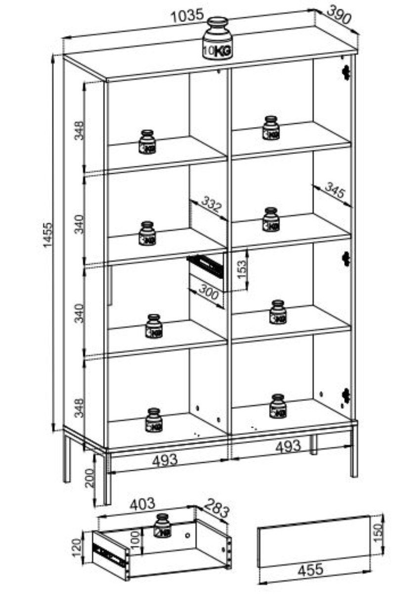 Compleo Vitrine LINO Standvitrine mit Schublade, Fronten gefräst, Modern Wohnzimmer
