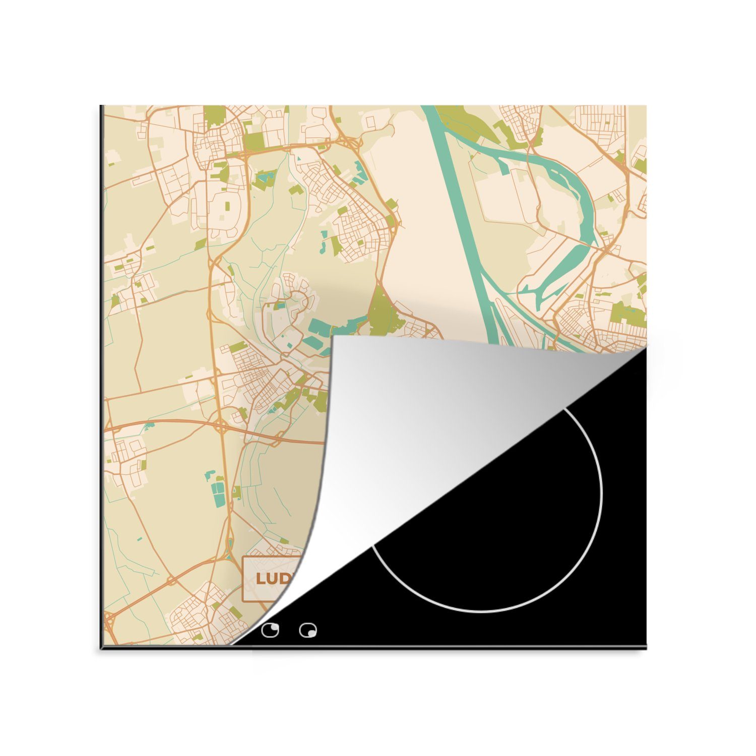 MuchoWow Herdblende-/Abdeckplatte Ludwigshafen am Rhein - Jahrgang - Stadtplan - Karte, Vinyl, (1 tlg), 78x78 cm, Ceranfeldabdeckung, Arbeitsplatte für küche