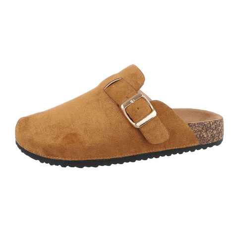 Ital-Design Damen Mules Freizeit Pantolette Flach Pantoletten in Camel