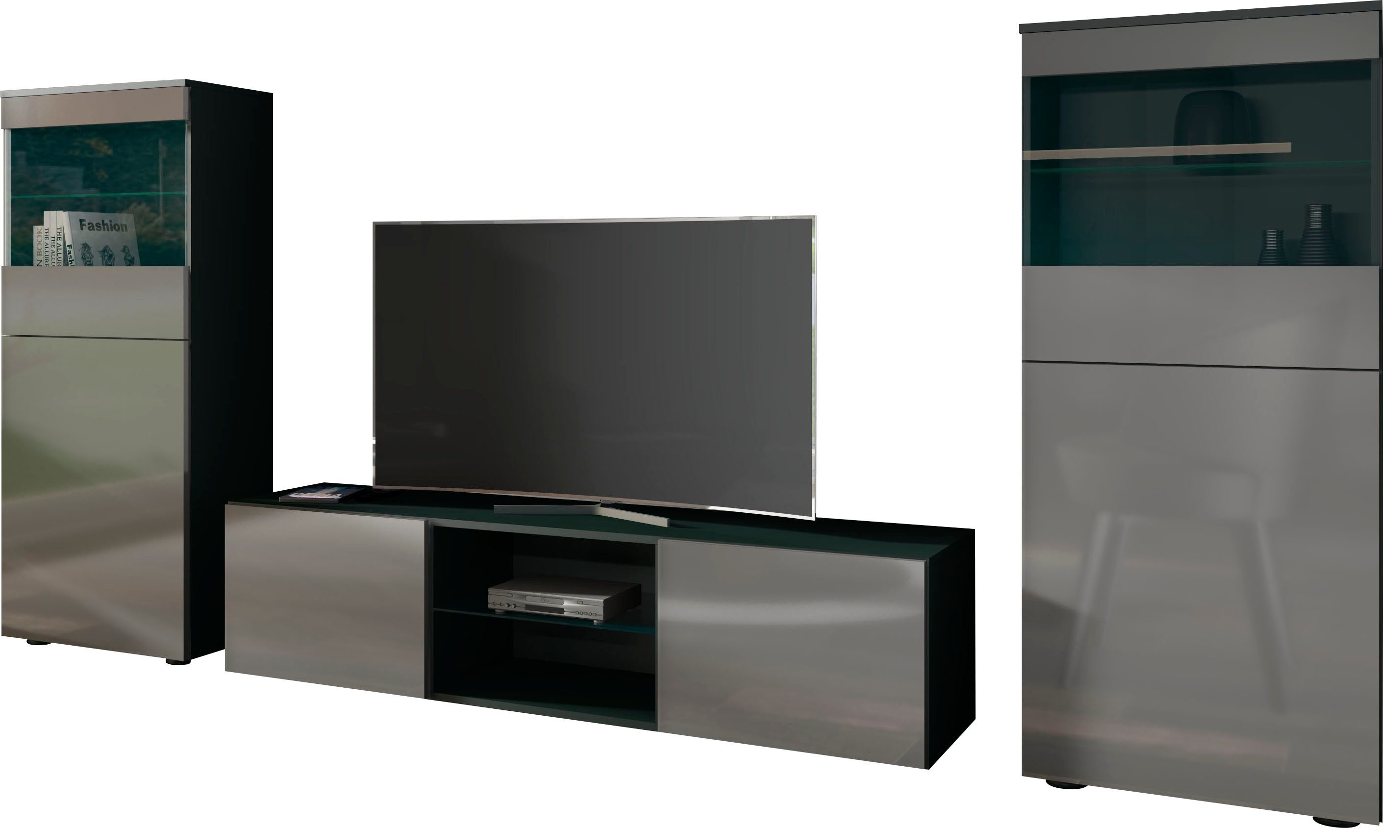 borchardt Möbel Wohnwand Scala, Mediawand 3-teilig mit 2 Vitrinen und Lowboard, Mit Griffen oder Push-to-open-Systemen, Fronten matt oder glänzend
