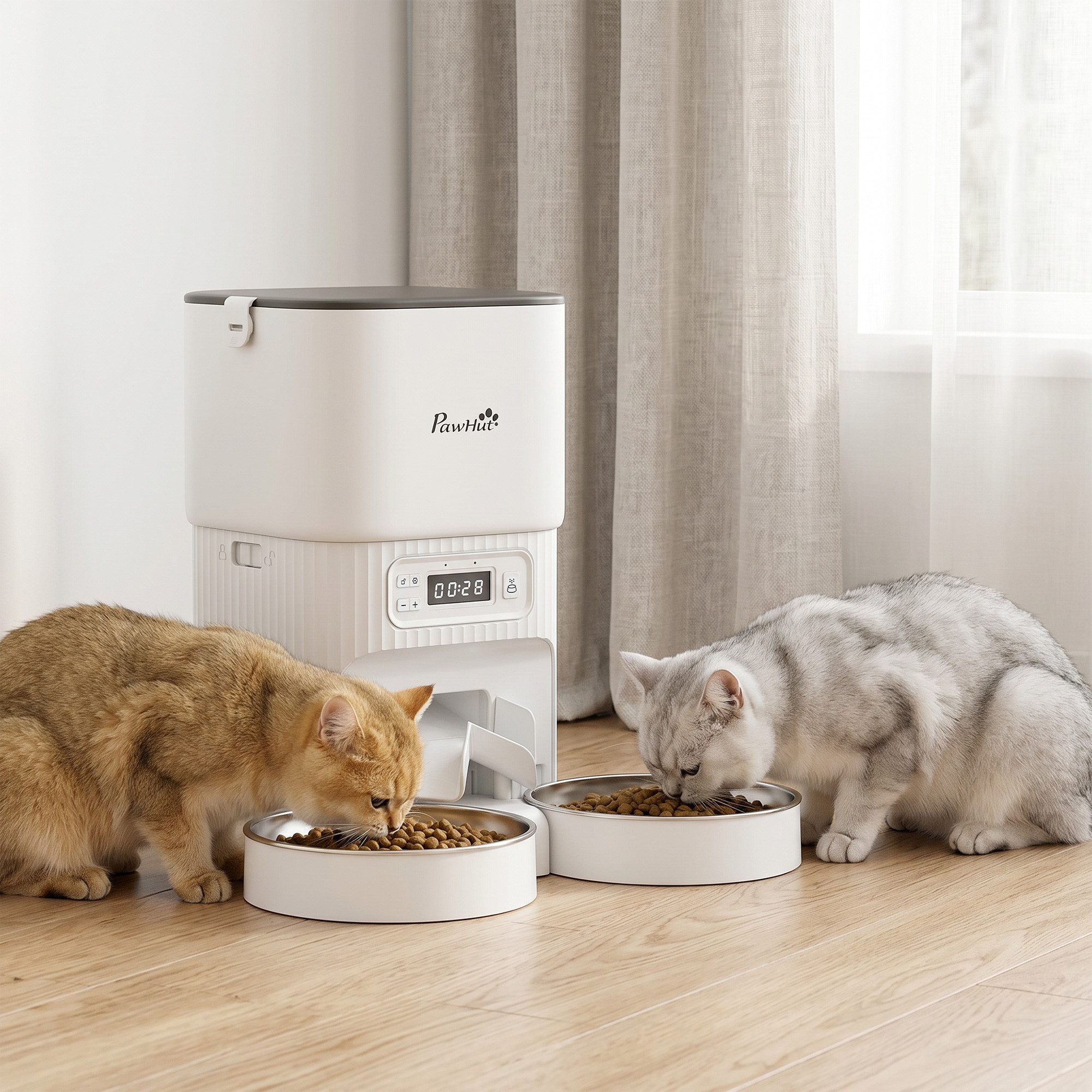 PawHut Katzen-Futterautomat FutterspenderKatzenfutter Automat mit 2 Edelstahlnäpfen, 4L Behälter, Doppelnapf, zeitgesteuerte Fütterung