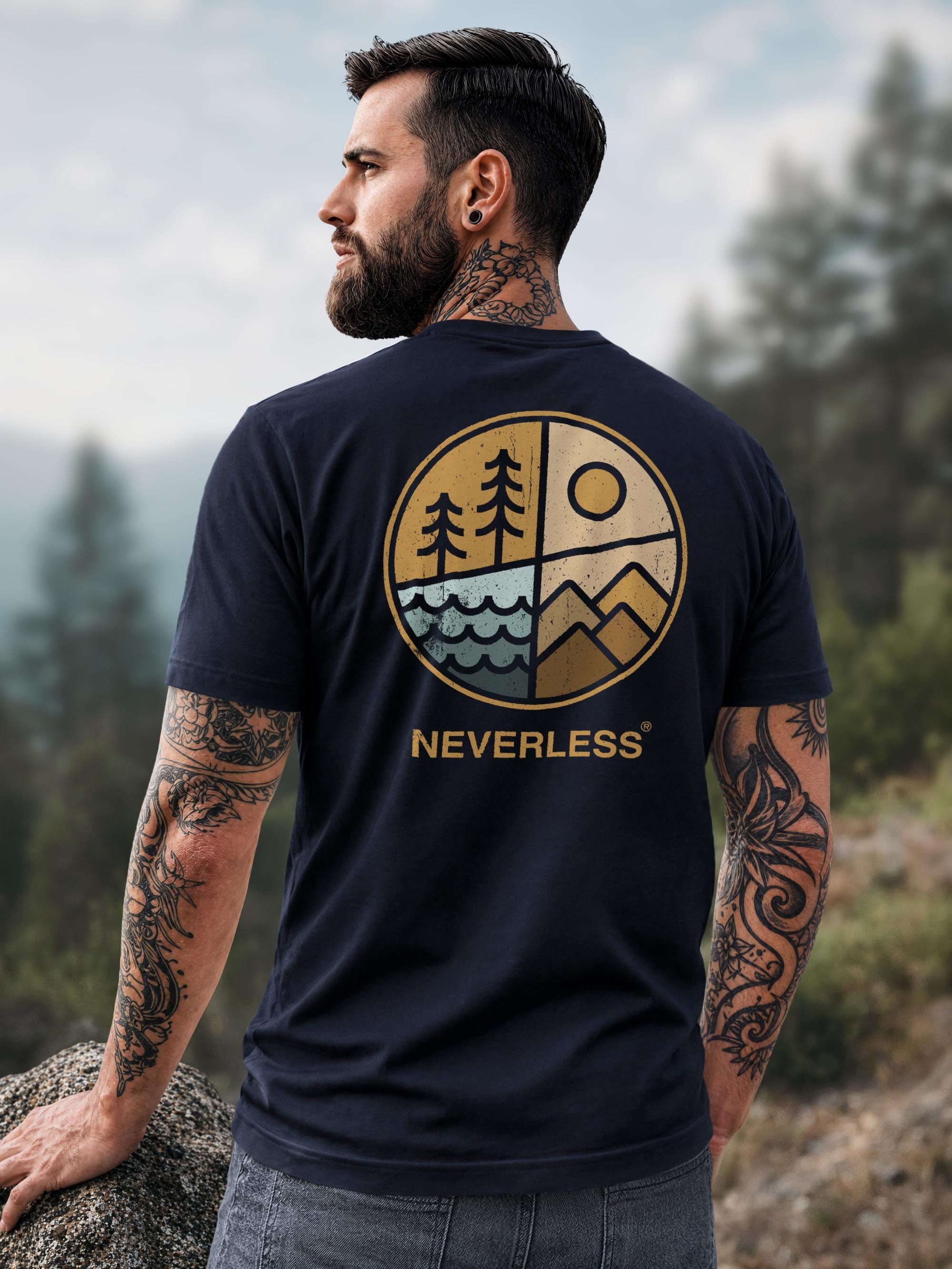 Neverless Print-Shirt Herren T-Shirt Backprint Natur Grafik Berge Wald Adventure Outdoor mit Print