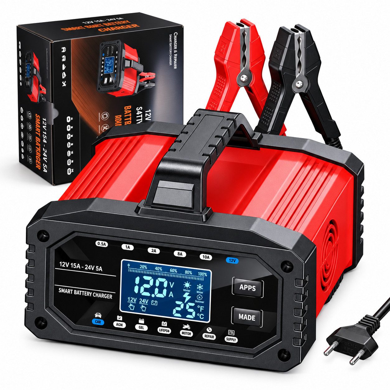 AKKEE 15A, Intelligentes Batterieladegerät 12V/24V 10-stufiger Ladevorgang Autobatterie-Ladegerät (Für Autos, Lastwagen, SUVs, Motorräder, …