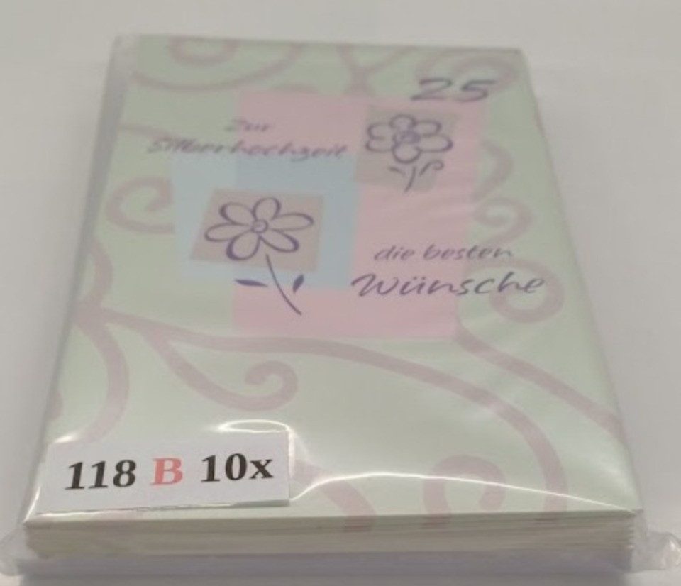 LYSCO Grußkarten 10 Glückwunschkarten Silberhochzeit 25 Jahre Ehe + DIN A6 Umschlag, Ehe Karte Geschenk Hochzeitstag Feier, 4seitig - klappbar