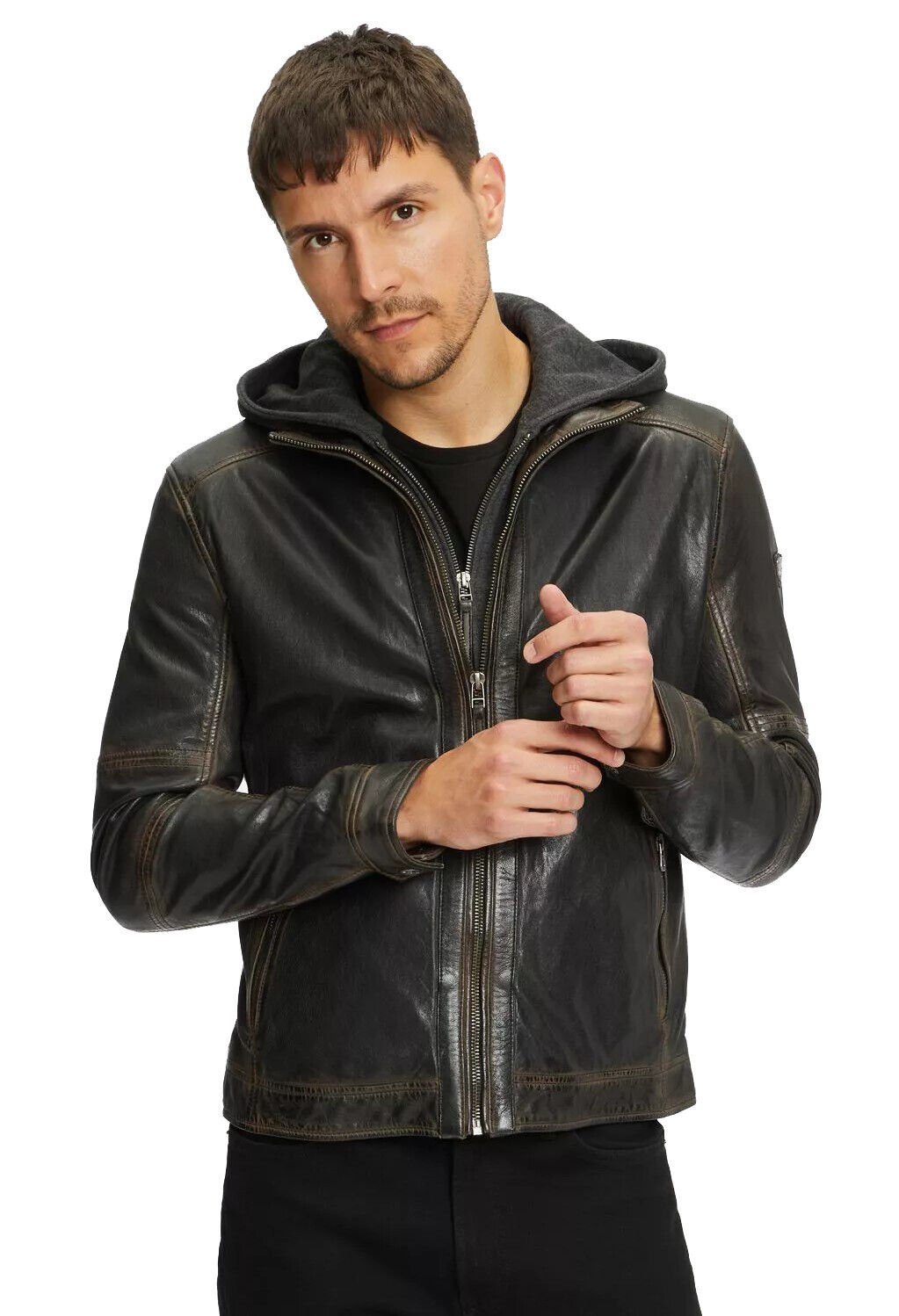 Gipsy Lederjacke Herren Bikerjacke mit abnehmbarer Kapuze aus Lammnappa Leder