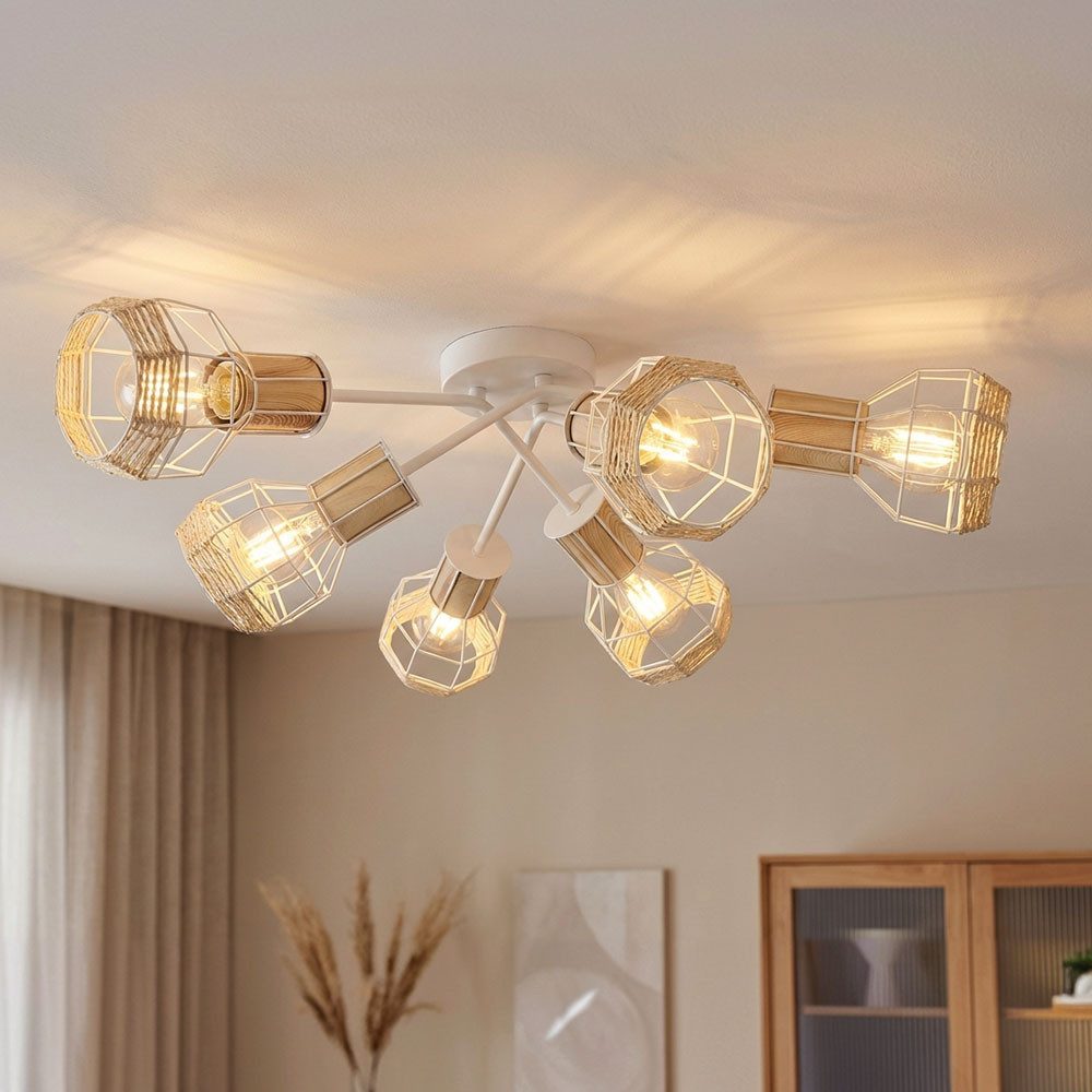 GLOBO LIGHTING Deckenspot, Leuchtmittel nicht inklusive, Deckenleuchte Spotleuchte Wohnzimmerlampe 6x E27 Käfig weiß Bast