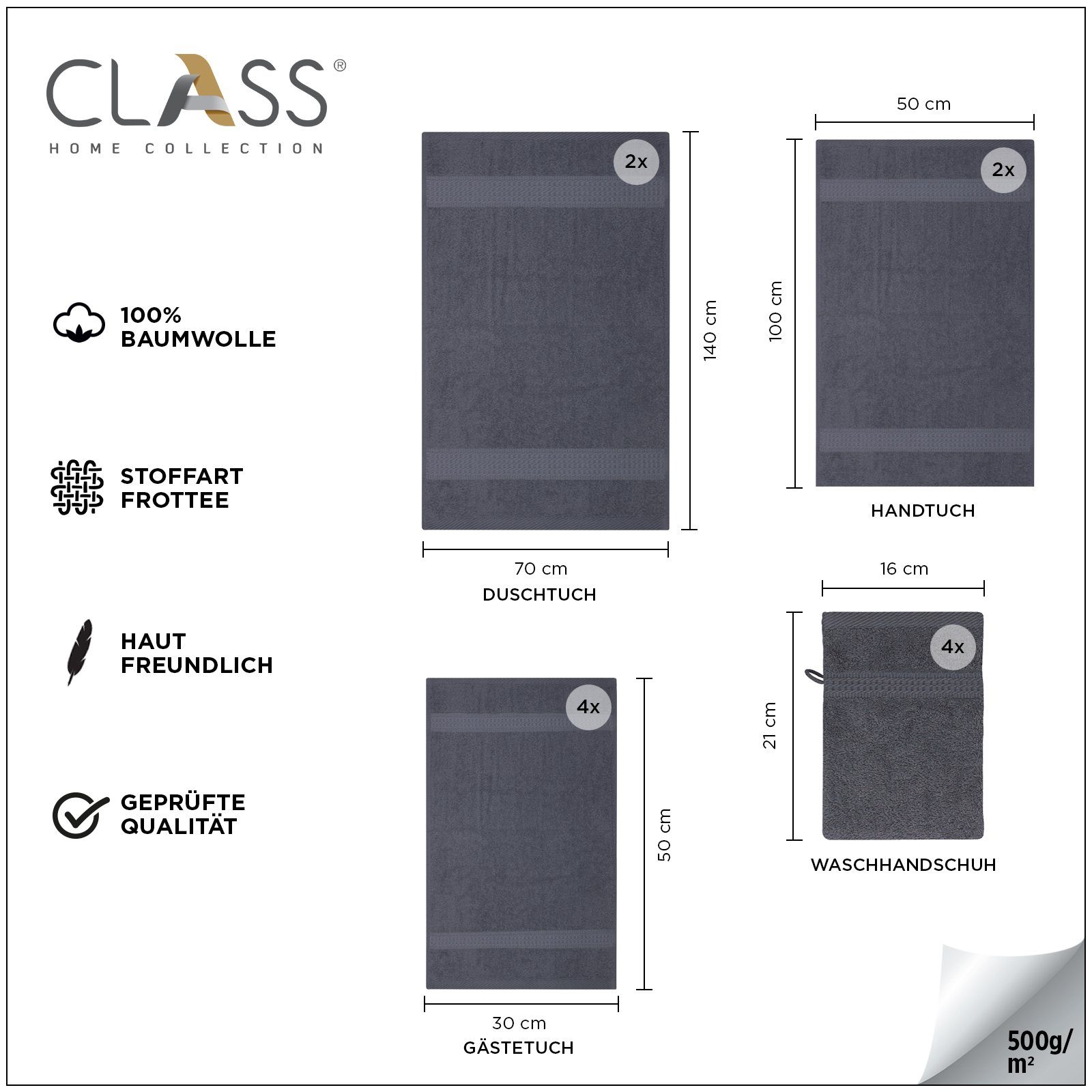 CLASS HOME 100% Baumwolle, 12-tlg) COLLECTION (Set, Frottee 12 Set, Handtücher ANTHRAZIT Handtuch Set TLG