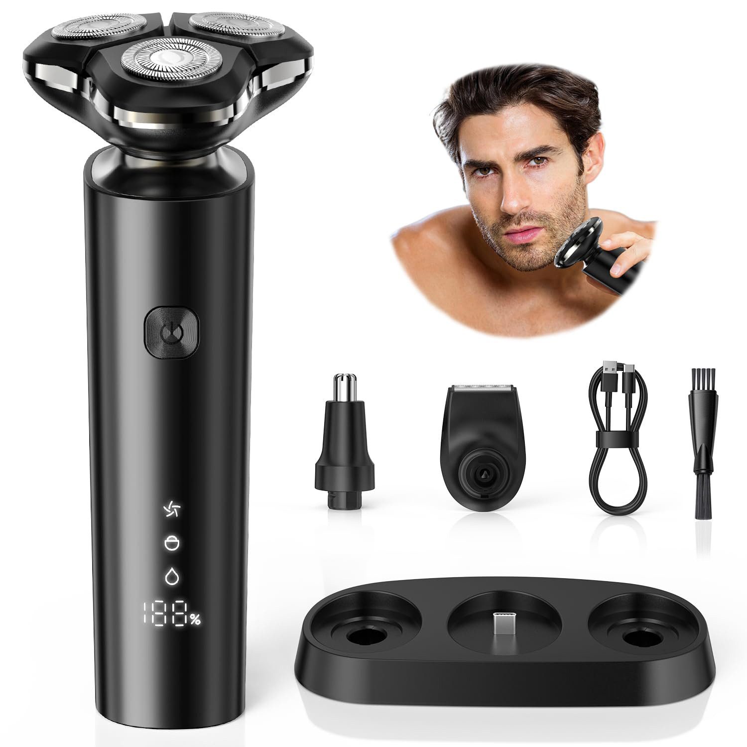 AIBISTAR Körperrasierer 4-in-1 Elektrorasierer mit Nasenhaartrimmer Barttrimmer, 3D-Rotationsrasierer,LED-Display,Perfektes Geschenk für Männer