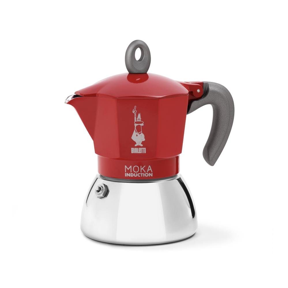 BIALETTI Espressokocher, aus Aluminium, für zwei Tassen, für Induktionsherd, Gasherd, Elektroherd und Propan-Campingkocher, Silber / Rot