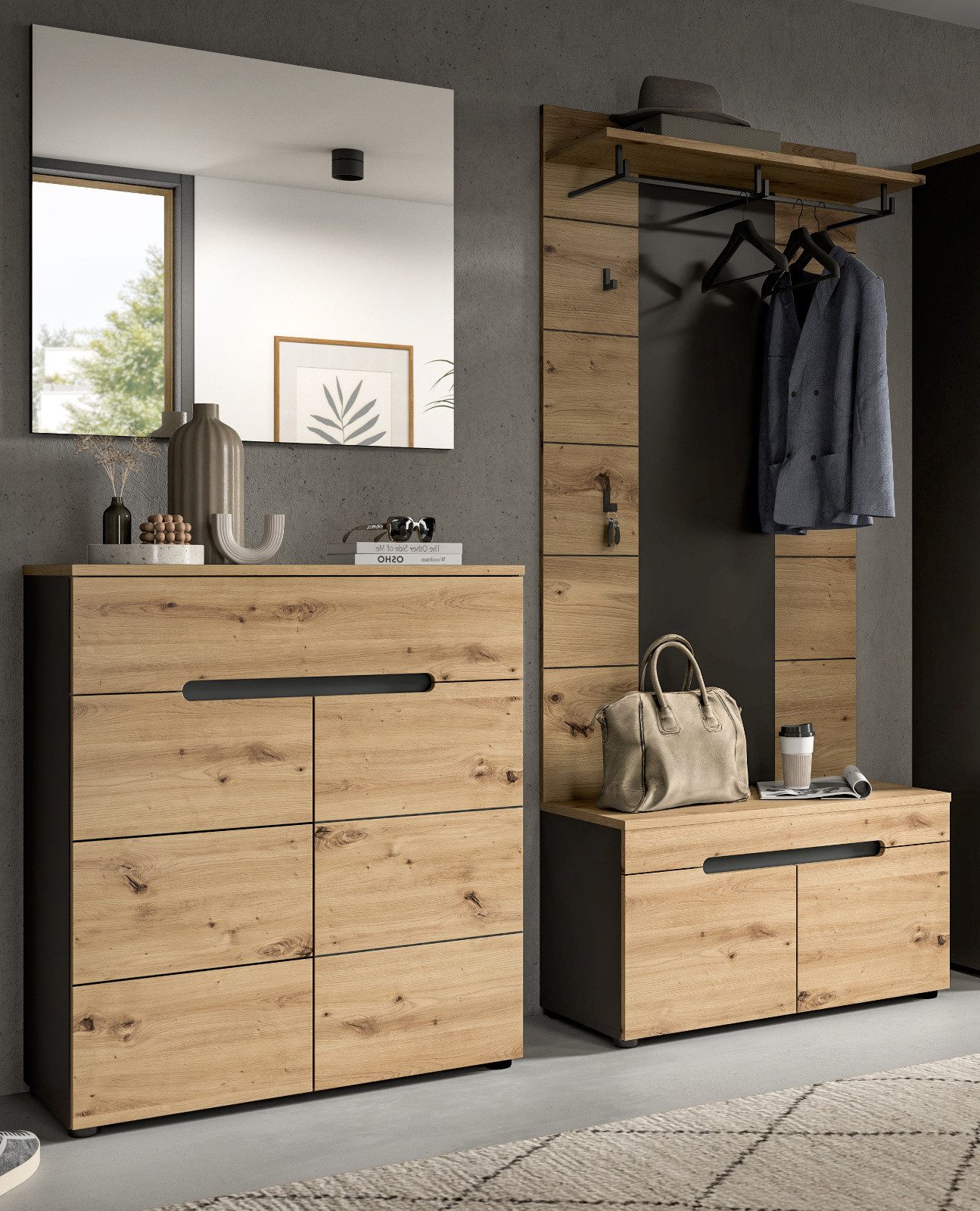 Inn.Furn Garderoben-Set Cooper, (Flurgarderobe in Eiche Artisan und Basalt grau, 4-teilig, 170 x 190 cm), mit Soft-Close-Funktion