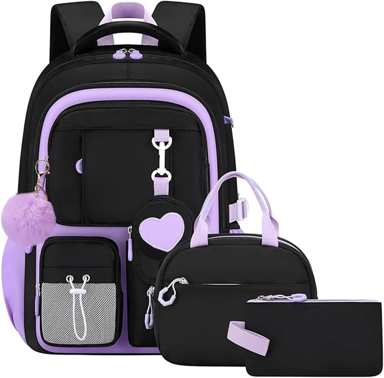 MOPUEA Schulrucksack Schultasche Mädchen Teenager Kawaii 23 L für 3.-7. Klasse (Schulrucksack-Set mit Lunch Tasche und Federmäppchen, 4-tlg., Mit Schulrucksack Lunch Tasche Federmäppchen und Geldbörse), Leicht Wasserabweisend Großes Fassungsvermögen Ergon