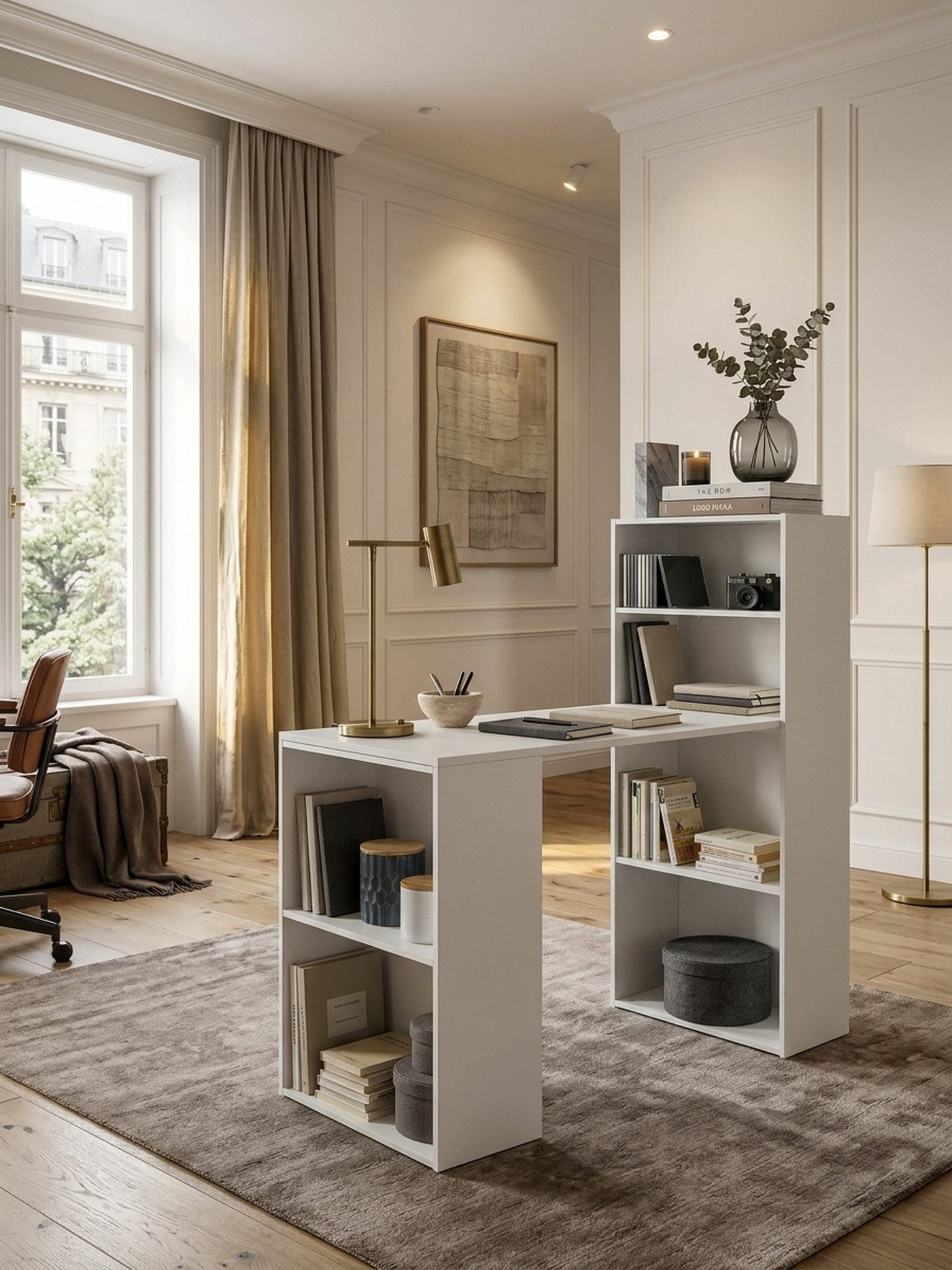 KADIMA DESIGN Schreibtisch Schreibtisch WL5.692 mit Regal 120 x 120 x 53 cm Weiß Matt Holz (Ablage, Weißer Design Tisch Büro mit Aufbewahrung), Modern, Schreibtischregal Ablagefächer PC Tisch, Computertisch mit