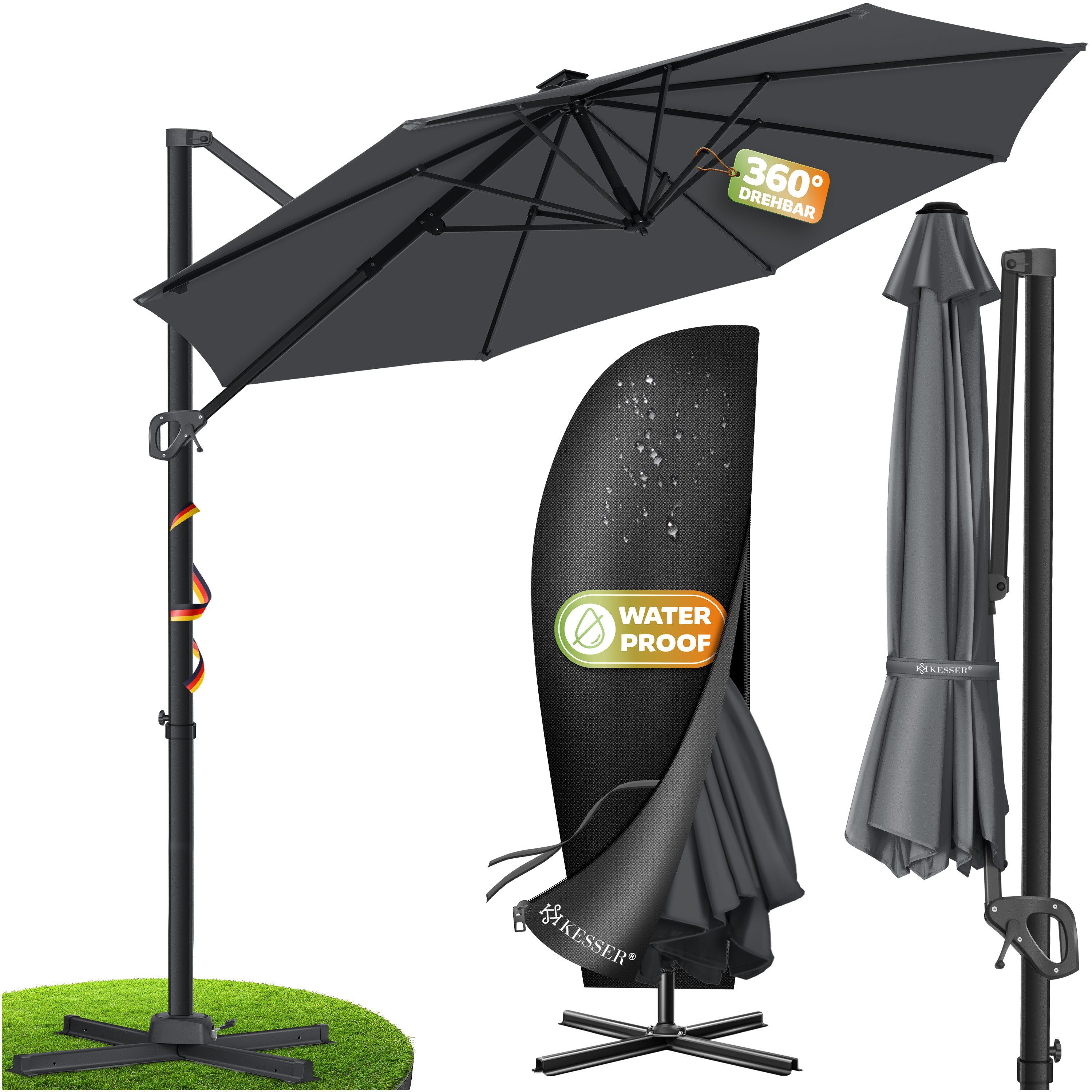 KESSER Ampelschirm, Sonnenschirm SUN Rund XL Ø330 cm 360° Drehbar inkl. Abdeckung