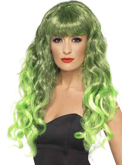 Smiffys Kostüm-Perücke Mermaid Lockenperücke grün-schwarz, Langhaarperücken in knalligen Farben für Meerjungfrauen & Co.