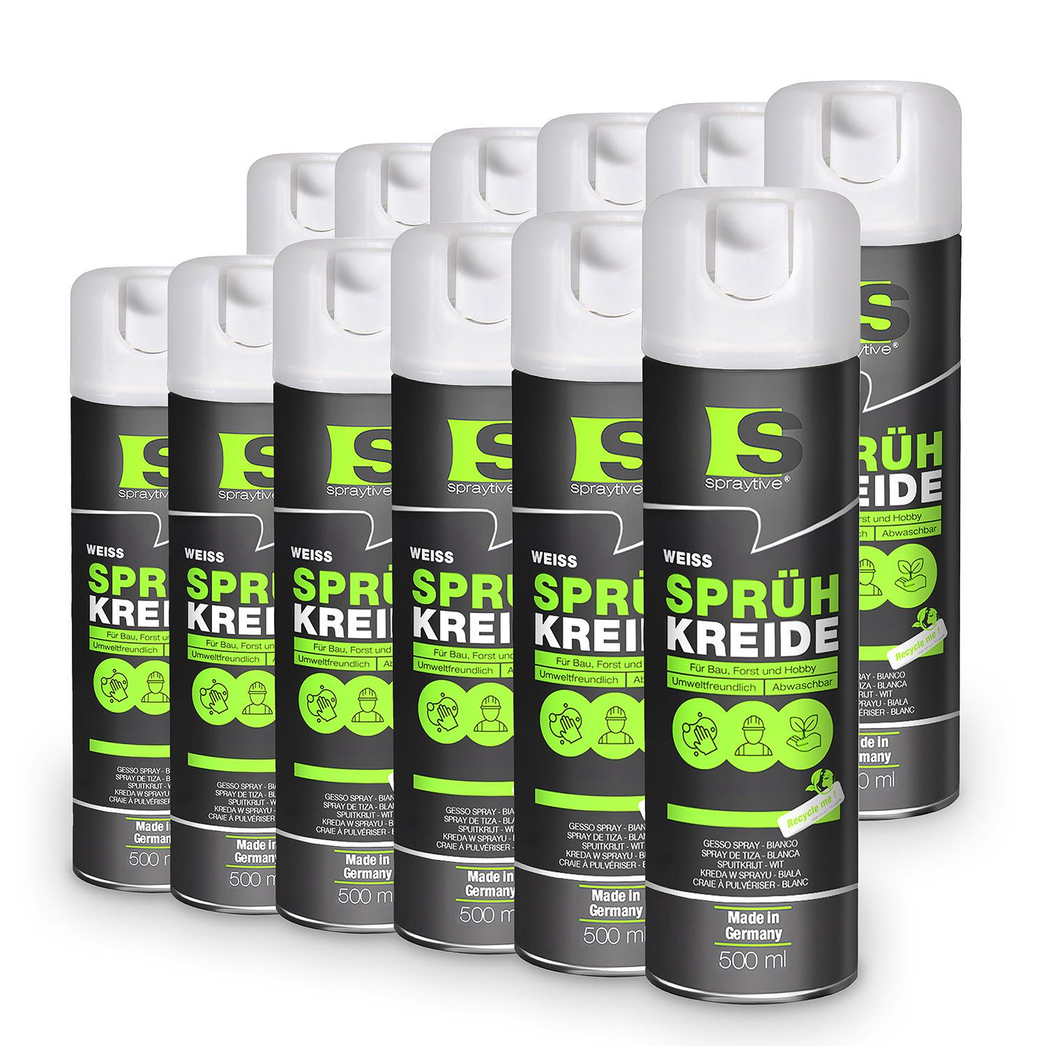 Spraytive Sprühfarbe 12x 500ml Sprühkreide weiß, abwaschbare leuchtende Kreidefarbe Outdoor, Made in Germany