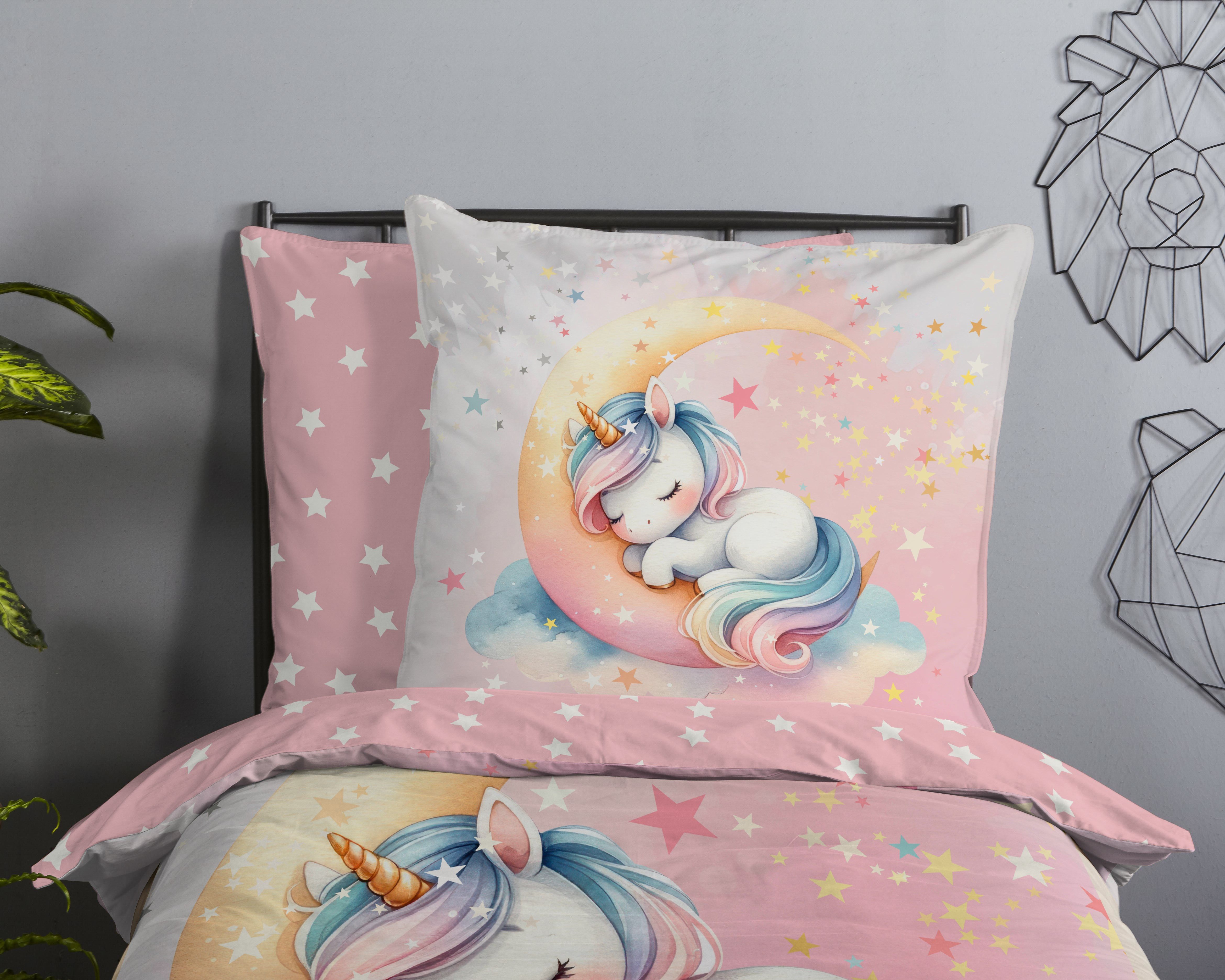 good morning Kinderbettwäsche Molly, Renforcé, 2 teilig, Baumwolle, Renforcé, Wendeoptik, Kind, Mädchen, Mond, Einhorn
