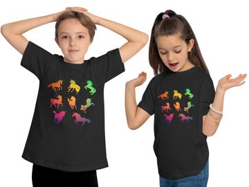 MyDesign24 Print-Shirt bedrucktes Kinder Mädchen T-Shirt - Pferde Silhouetten bunt Baumwollshirt mit Aufdruck, i185