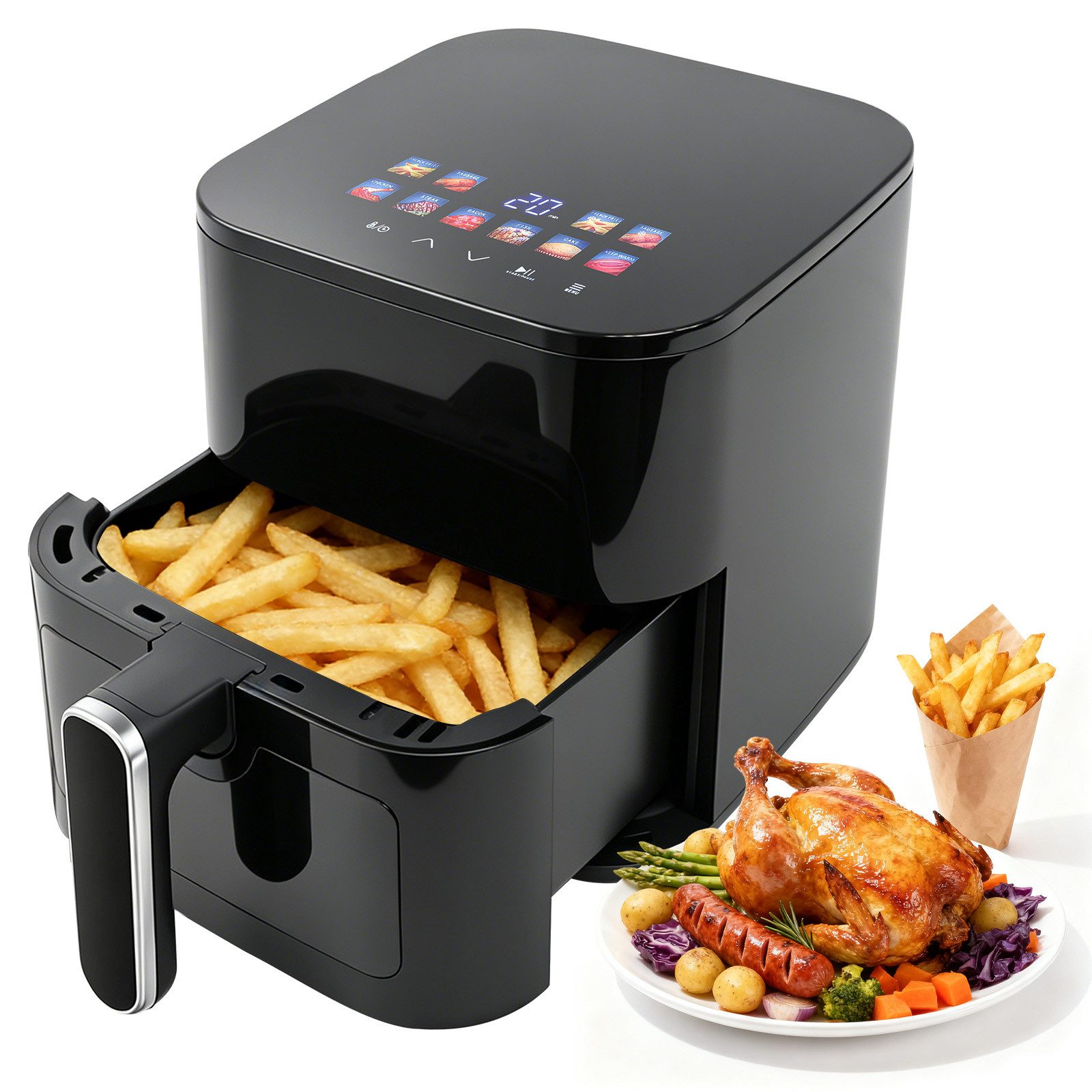 OZAVO Heißluftfritteuse 4,5L Airfryer digitales Touchscreen-Display 10 Programme bis zu 5 Personen, 1200 W, Antihaftbeschichtung,Fettarm und gesund,zeitsparend