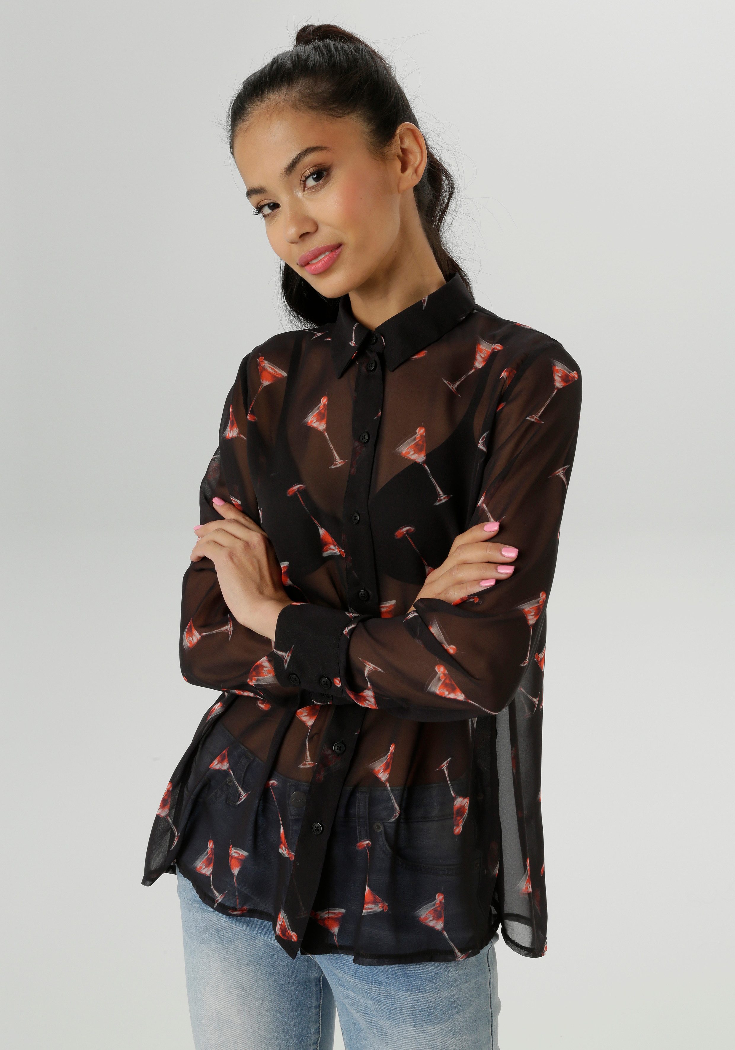 Aniston SELECTED Hemdbluse mit trendigen Martini-Gläsern bedruckt günstig online kaufen