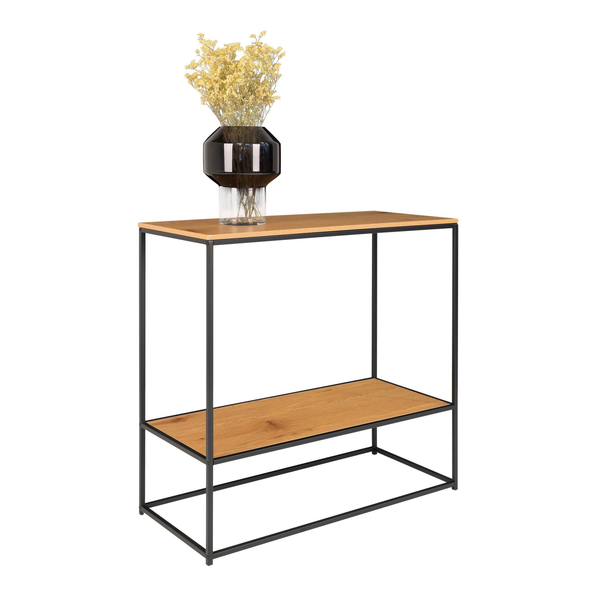 tinkaro Konsolentisch Vita 2 Regalböden 80x36x80 cm Eiche Natur (1-St), Stabiler Beistelltisch mit zwei Ablagen für Flur oder Wohnzimmer