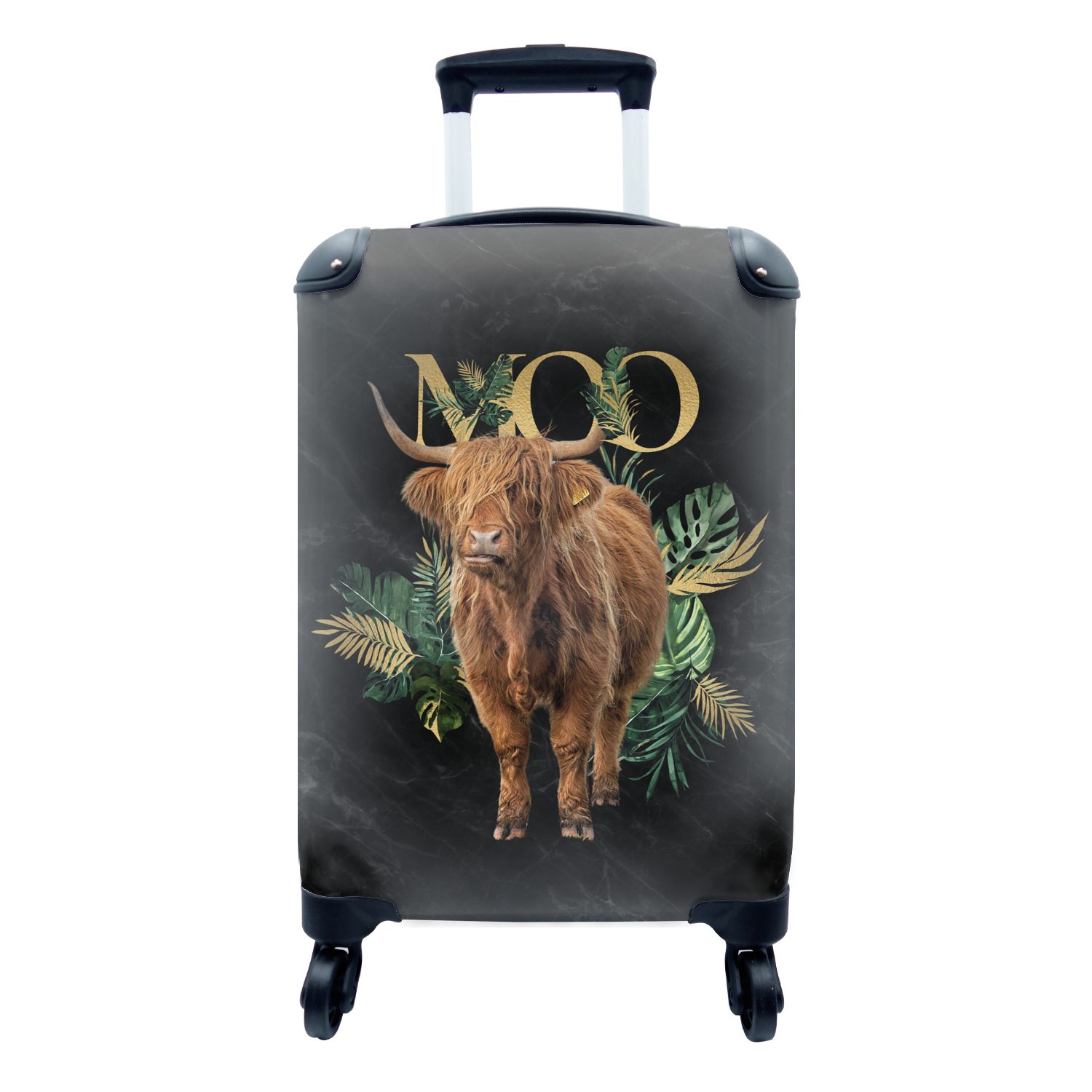 MuchoWow Handgepäckkoffer Schottische Highlander - Tropische Pflanzen - Sprichwort, 4 Rollen, Reisetasche mit rollen, Handgepäck für Ferien, Trolley, Reisekoffer