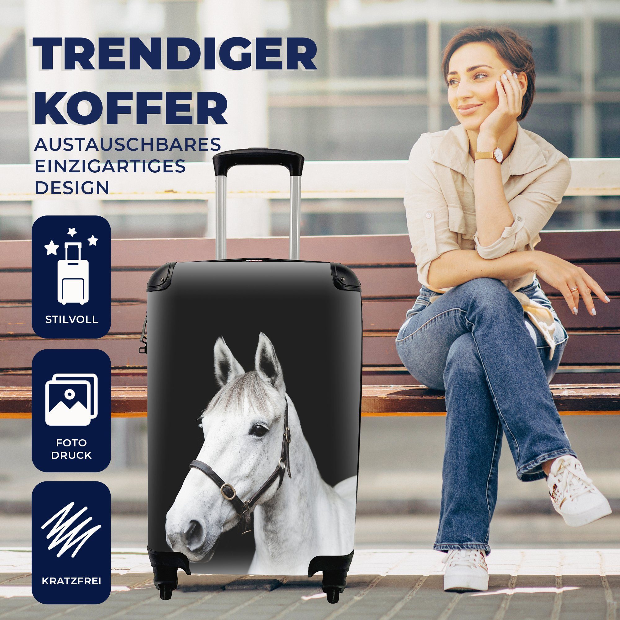 4 Handgepäckkoffer Reisetasche Weiß, Handgepäck Pferd Trolley, Reisekoffer Halfter rollen, mit Ferien, - für - MuchoWow Rollen,