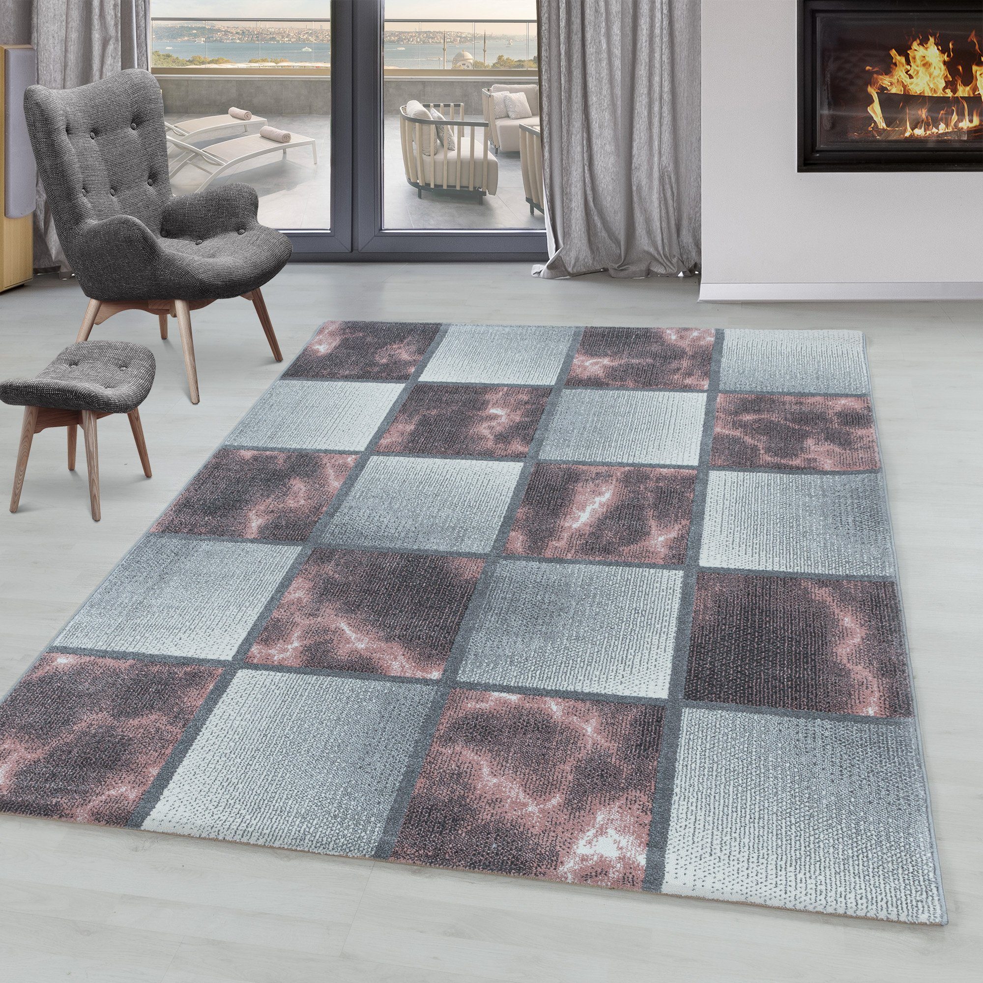 SIMPEX24 Teppich Kariert Design, Läufer, Höhe: 8 mm, Modern Kurzflor Teppich Wohnzimmer Kariert Design Verschidene Größen