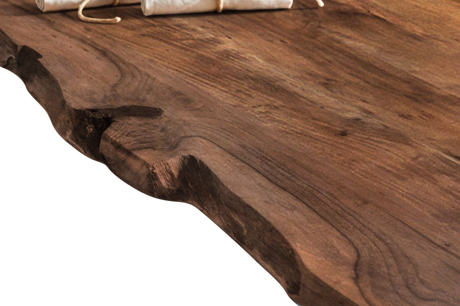 Junado® Akazie Massivholz nussbaumfarben 26mm Tischplatte natürliche Baumkante Noah,