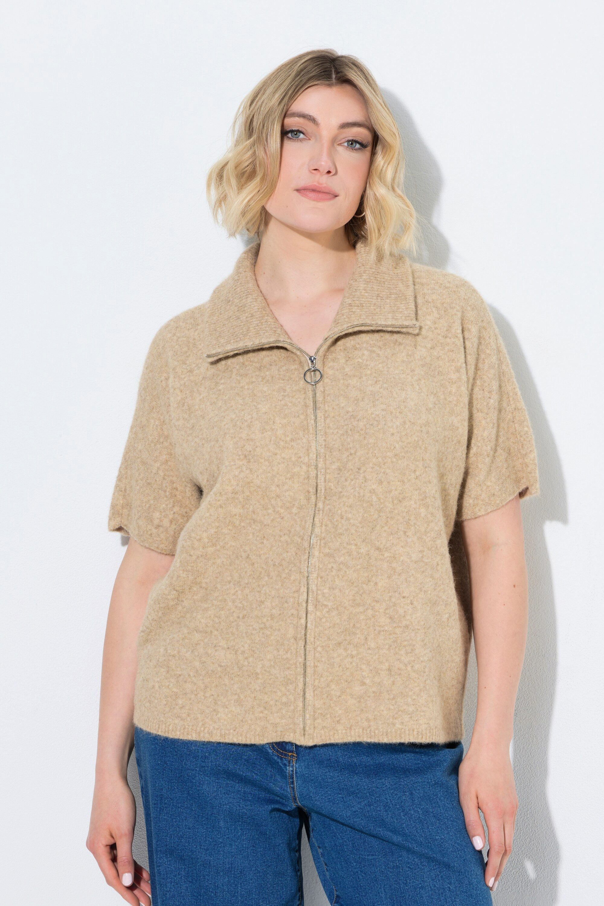 Strickjacke Strickjacke Troyerkragen Reißverschluss Halbarm