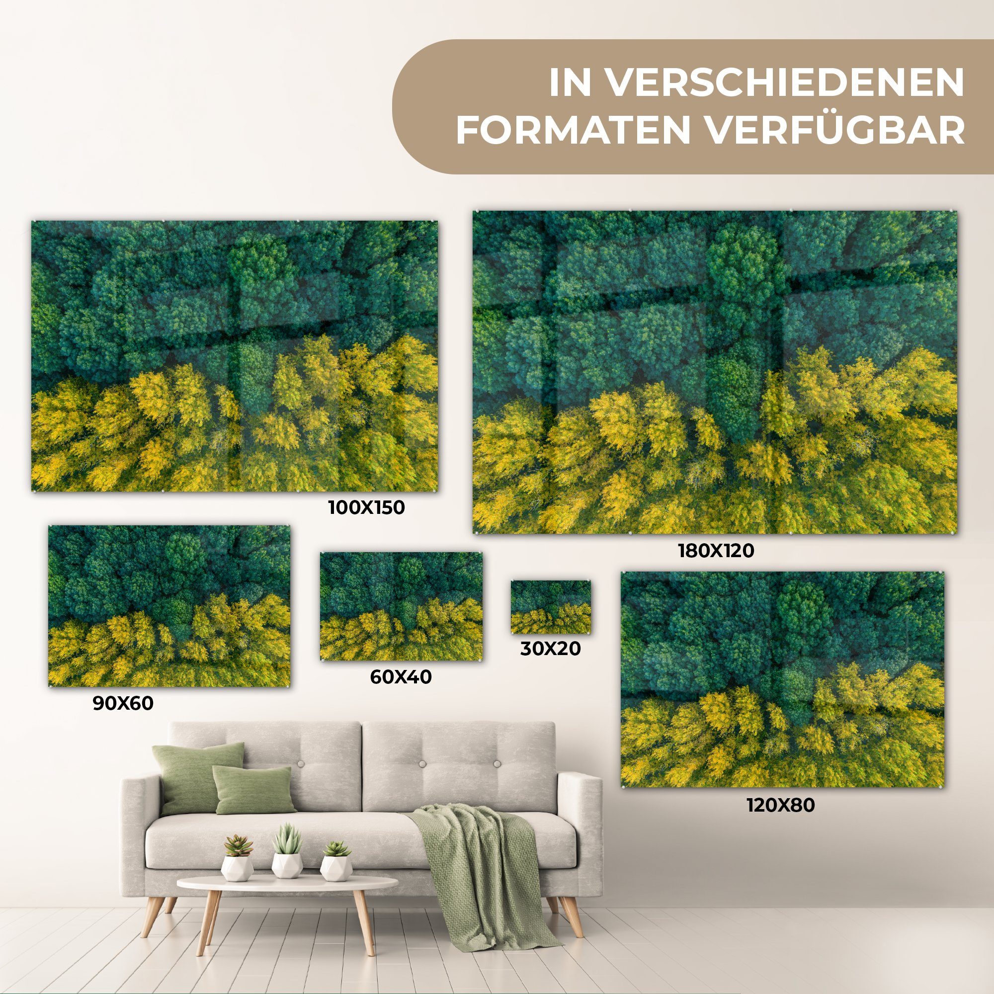- Acrylglasbilder - Bäume Wald Wohnzimmer MuchoWow - Acrylglasbild Gelb St), (1 & Schlafzimmer Grün,