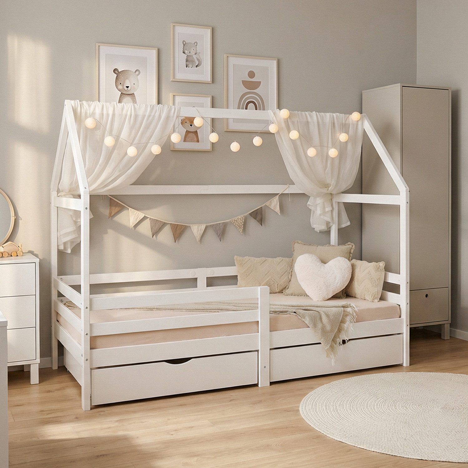 Homestyle4u Hausbett 90x200 Kinderbett Weiß Holz Kleinkind halbhoch Montessori 3 Jahre (Set, Bettgestell mit Lattenrost und Rausfallschutz), mit Stauraum (2x Bettkasten/Schublade)
