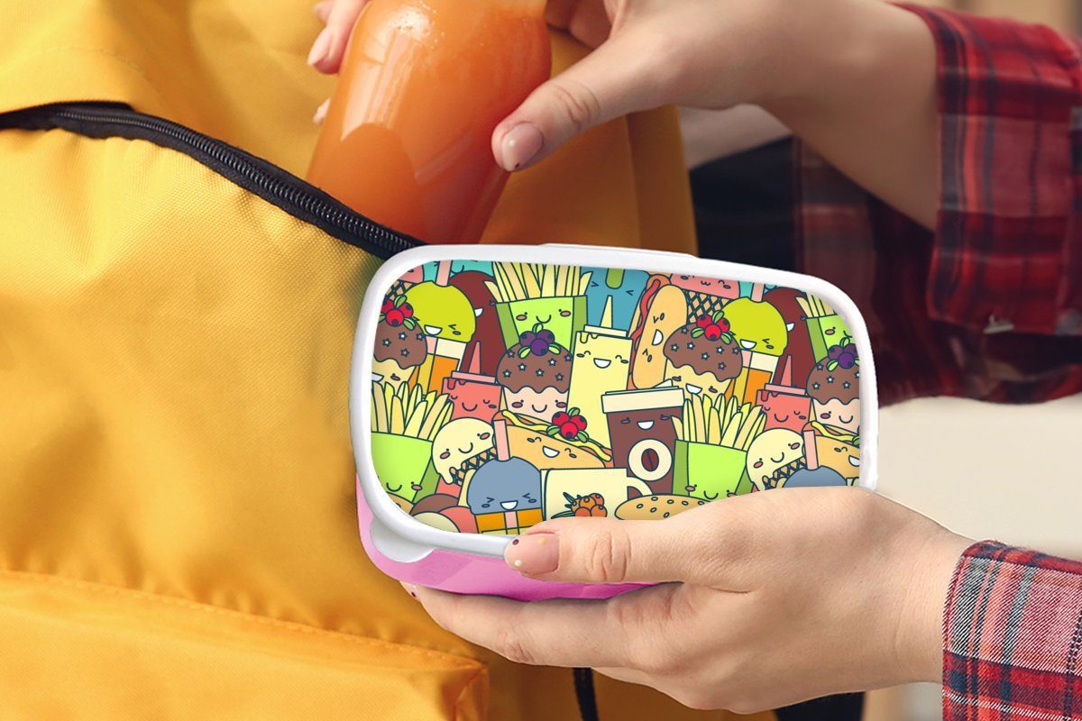 MuchoWow Lunchbox Kawaii rosa - (2-tlg), für Muster Fast - Brotdose Kinder, Food, Kunststoff, Brotbox Erwachsene, Snackbox, Mädchen, Kunststoff