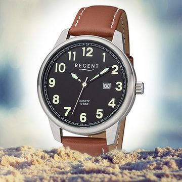 Regent Quarzuhr Regent Herren Uhr F-1239 Leder Quarz, (Analoguhr), Herren Armbanduhr rund, groß (ca. 41mm), Lederarmband
