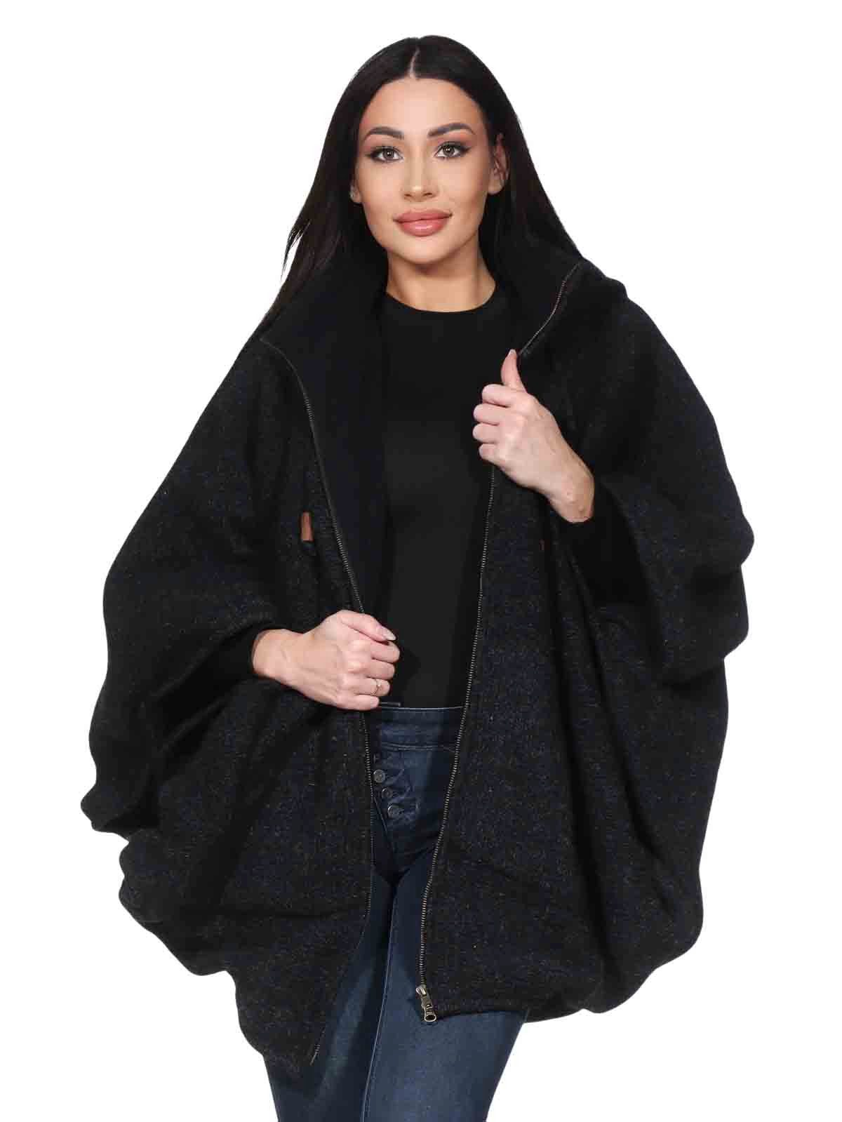 KUNST UND MAGIE Strickcape Damen Strickponcho Cape Mantel Wolle mit Zipfelkapuze & Fleecefutter