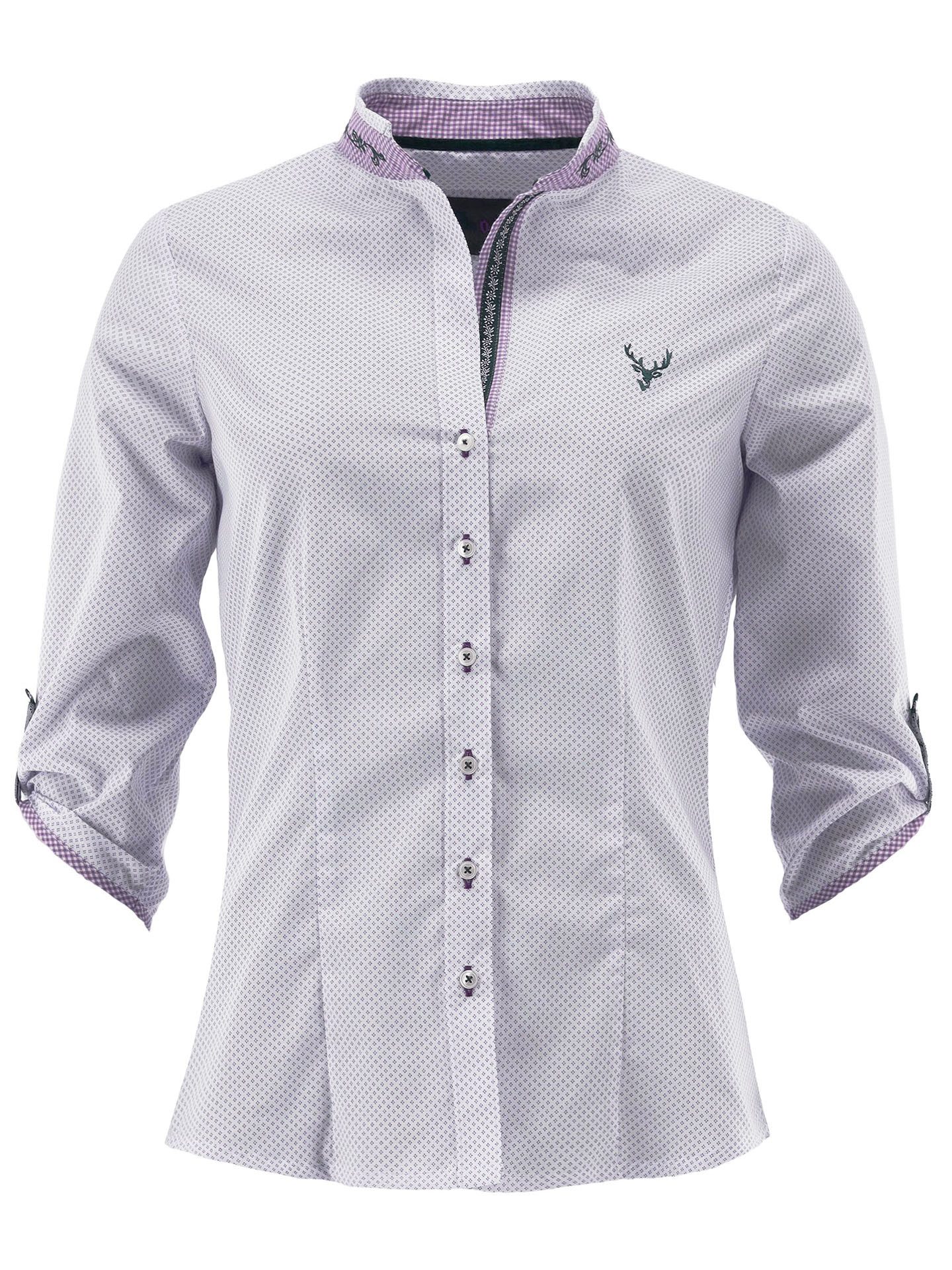 Moschen-Bayern Trachtenbluse Trachtenbluse Damen Bluse Damenbluse 3/4 Arm Hirsch Weiß-Violett Damenbluse, Trachtenbluse, Stickerei, Bluse, Jeansbluse, klassische Bluse