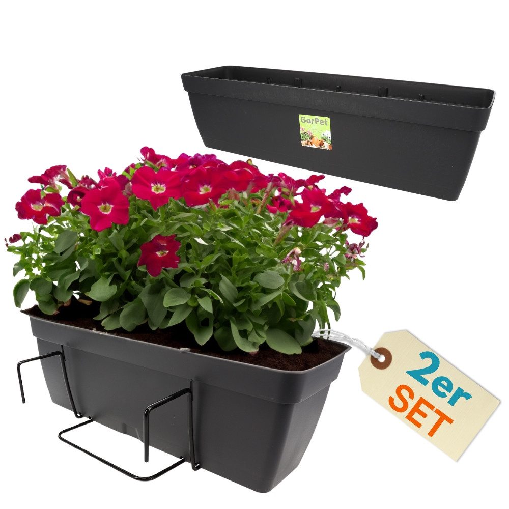 GarPet Balkonkasten 2er Set Blumenkasten Balkon Geländer Halterung Wasserspeicher 60 cm