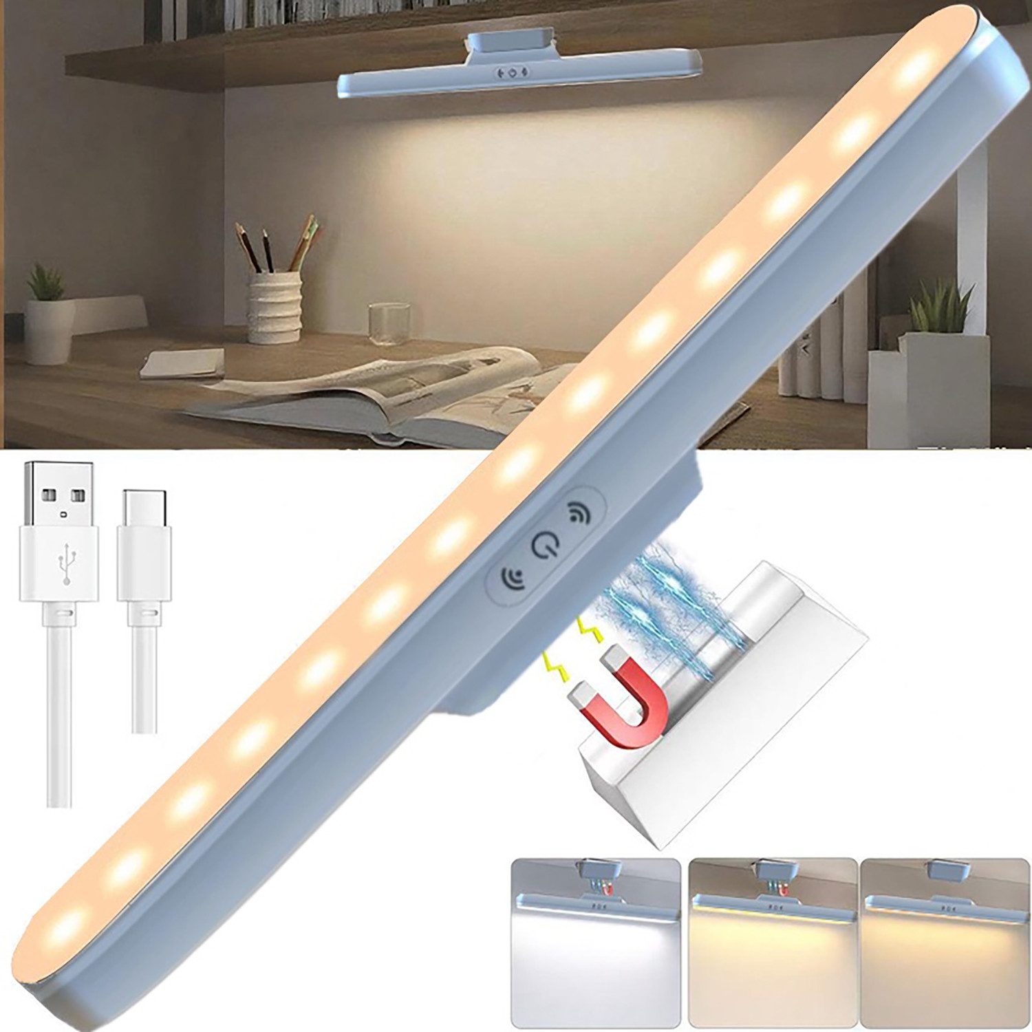 OYLCDI LED Unterbauleuchte LED Lichtleiste Nachtlicht, Wiederaufladbar Treppenlicht 33CM, LED fest integriert, LED Nachttischlampe,USB Wiederaufladbar Schranklicht und Treppenlicht, Kaltweiß,Warmweiß,Naturweiß, Geeignet für Treppen, Küchen, Schränke, Spiegel, Wohnzimmer usw.