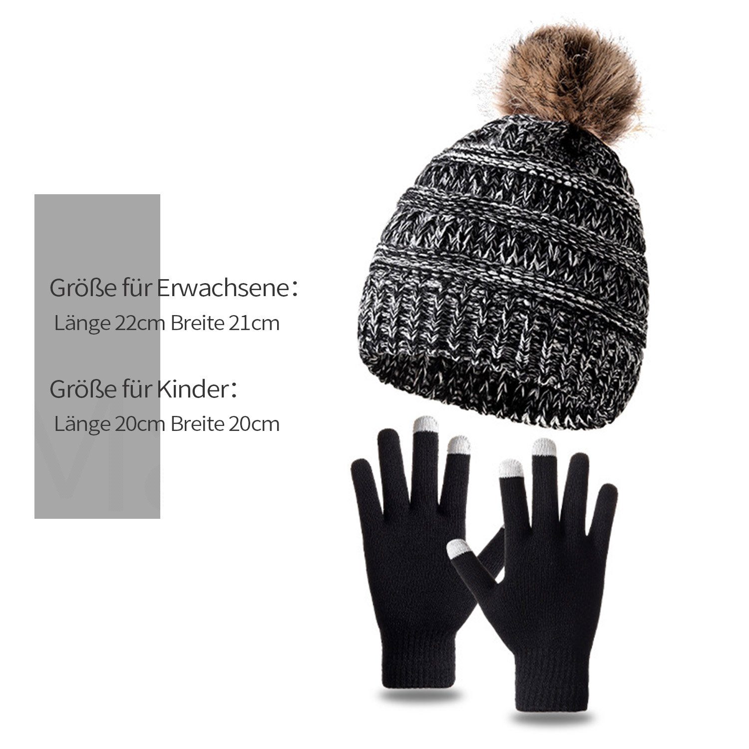 Eltern-Kind-Mütze-Set Handschuhe MAGICSHE Touchscreen mit Ballonmütze Jujube Strickmütze