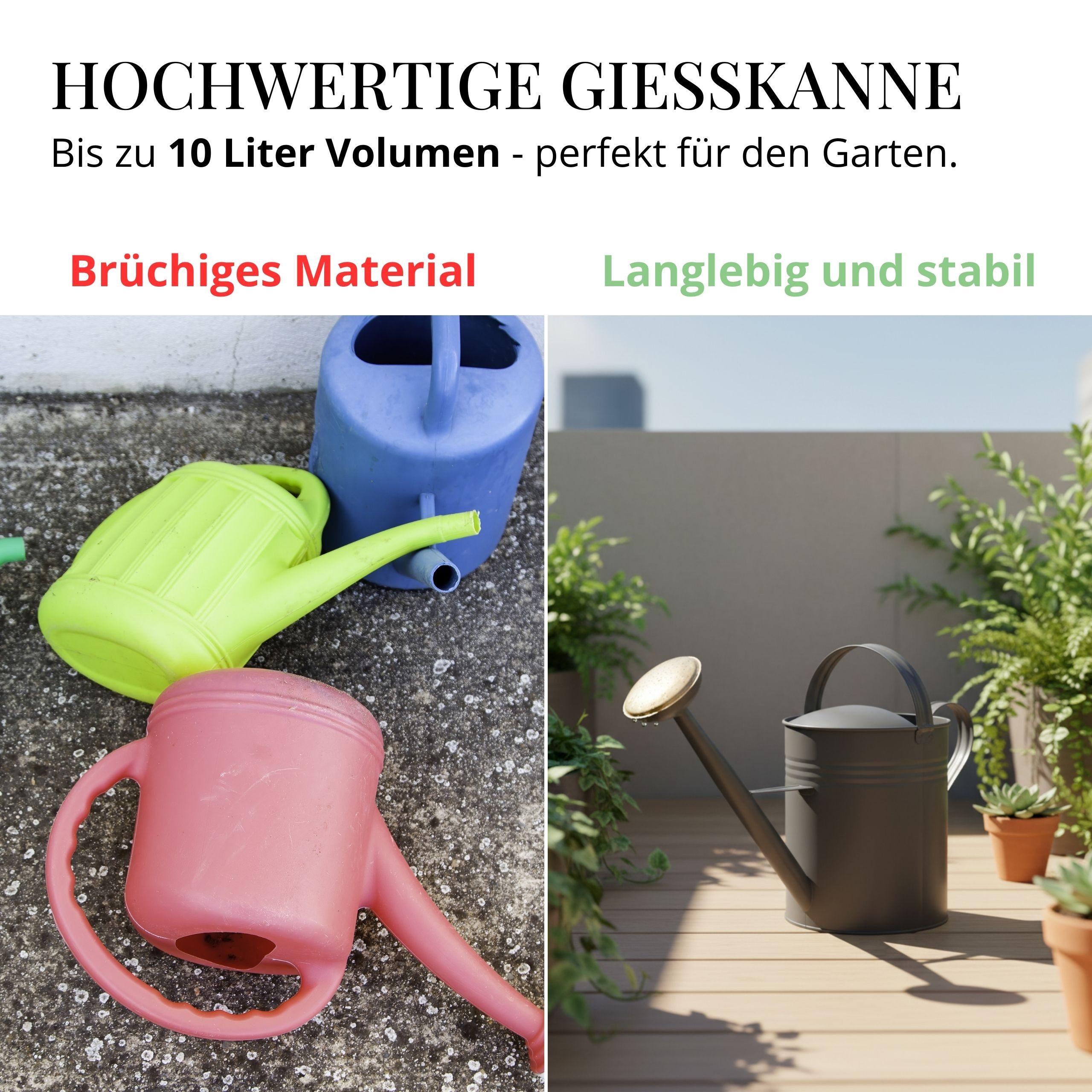 LIVLIG Gießkanne 10 Liter (Giesskanne Metall mit 2 Henkeln, Abnehmbarer Brausekopf), Gießkanne 10L, Gießkanne Vintage, Blumengießkanne