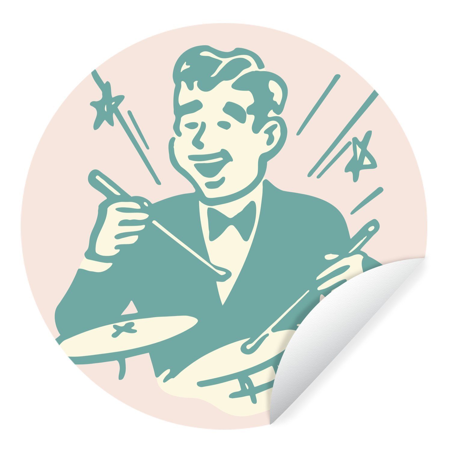 MuchoWow Wandsticker Illustration eines Mannes hinter einem Schlagzeug (1 St), Tapetenkreis für Kinderzimmer, Tapetenaufkleber, Rund, Wohnzimmer
