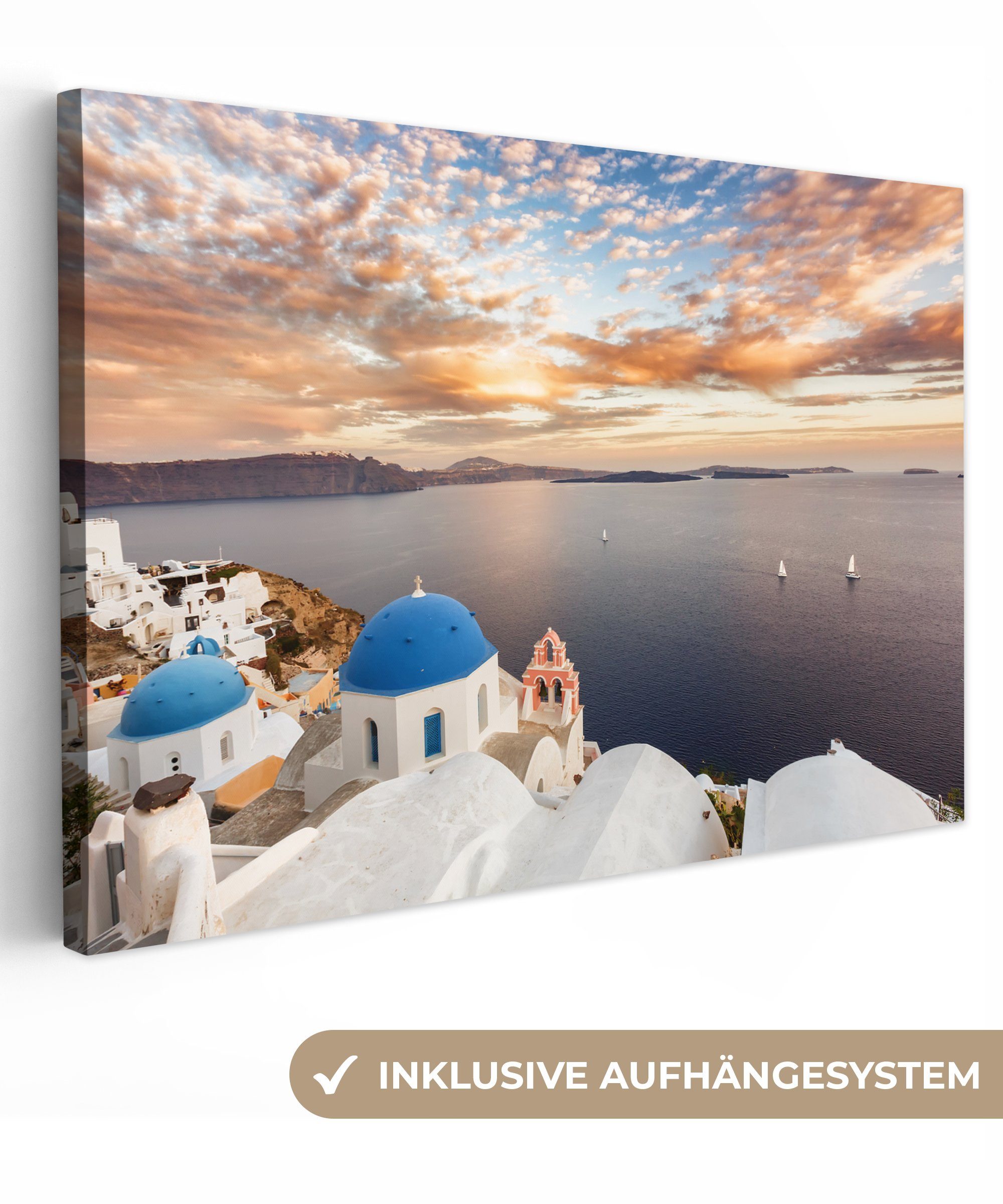 OneMillionCanvasses® Leinwandbild Sonnenaufgang über dem Wasser in Oia Griechenland, Fotodruck (1 St), Leinwand Bilder Klein, Wand Dekoration Aesthetic 30x20 cm