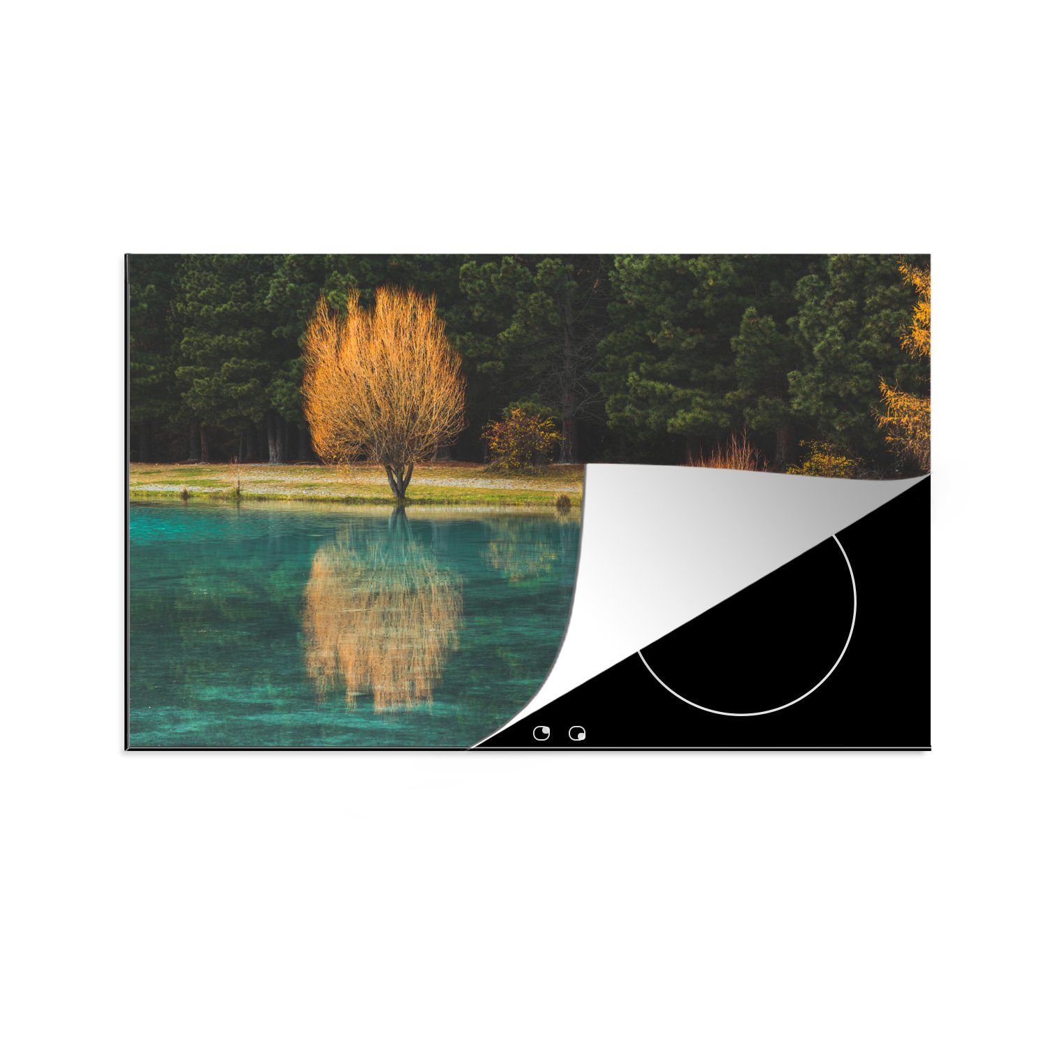 MuchoWow Herdblende-/Abdeckplatte Smaragdgrüner See spiegelt Bäume, Vinyl, (1 tlg), 81x52 cm, Induktionskochfeld Schutz für die küche, Ceranfeldabdeckung