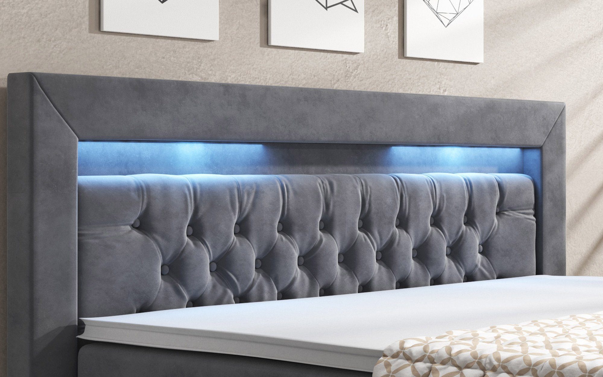 mit LED Sera, 4 Baidani Boxspringbett Schubladen Grau und