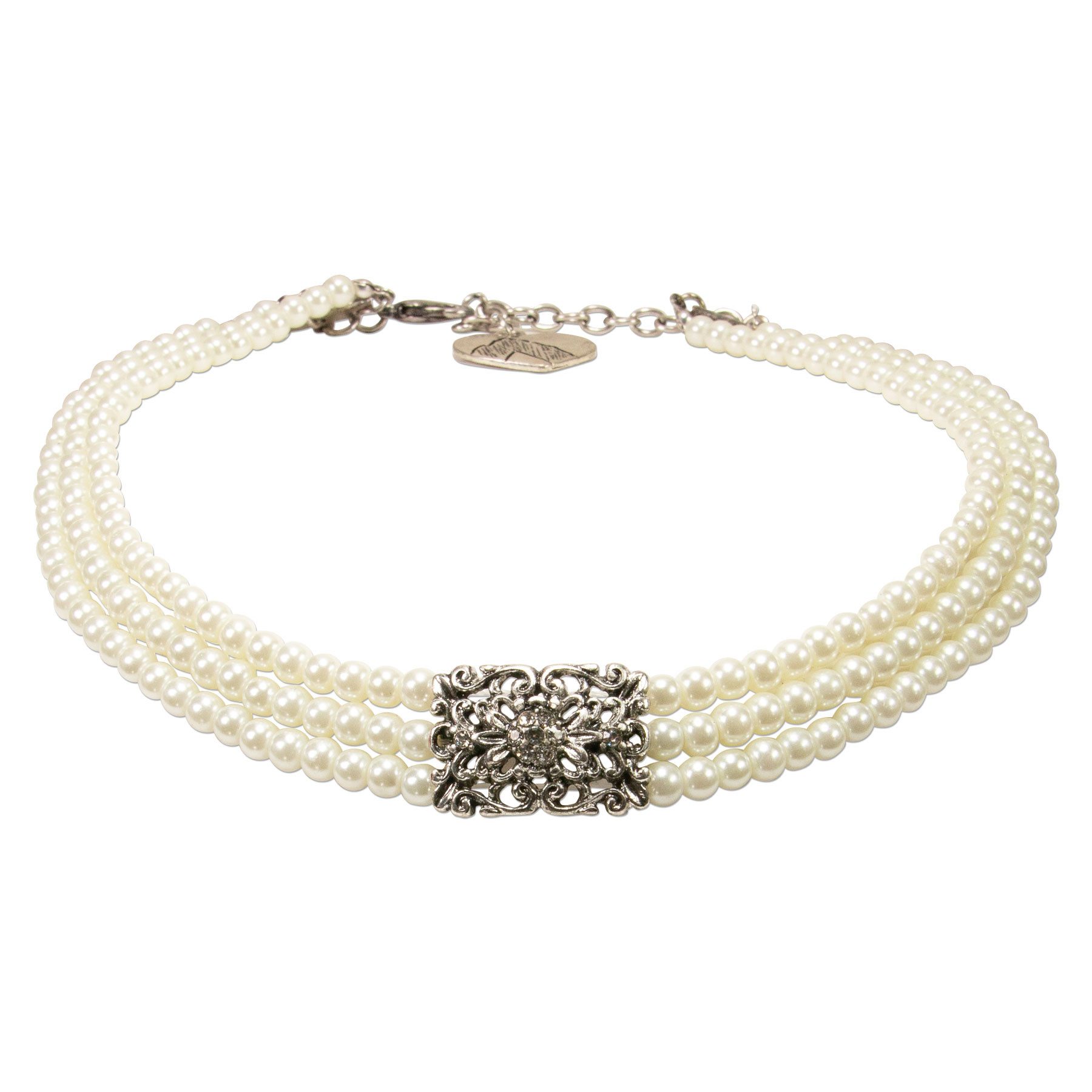 Alpenflüstern Collier Trachten-Perlen-Kropfkette Edda (creme-weiß, klare Steine), - nostalgische Trachtenkette, eleganter Damen-Trachtenschmuck, Dirndlk