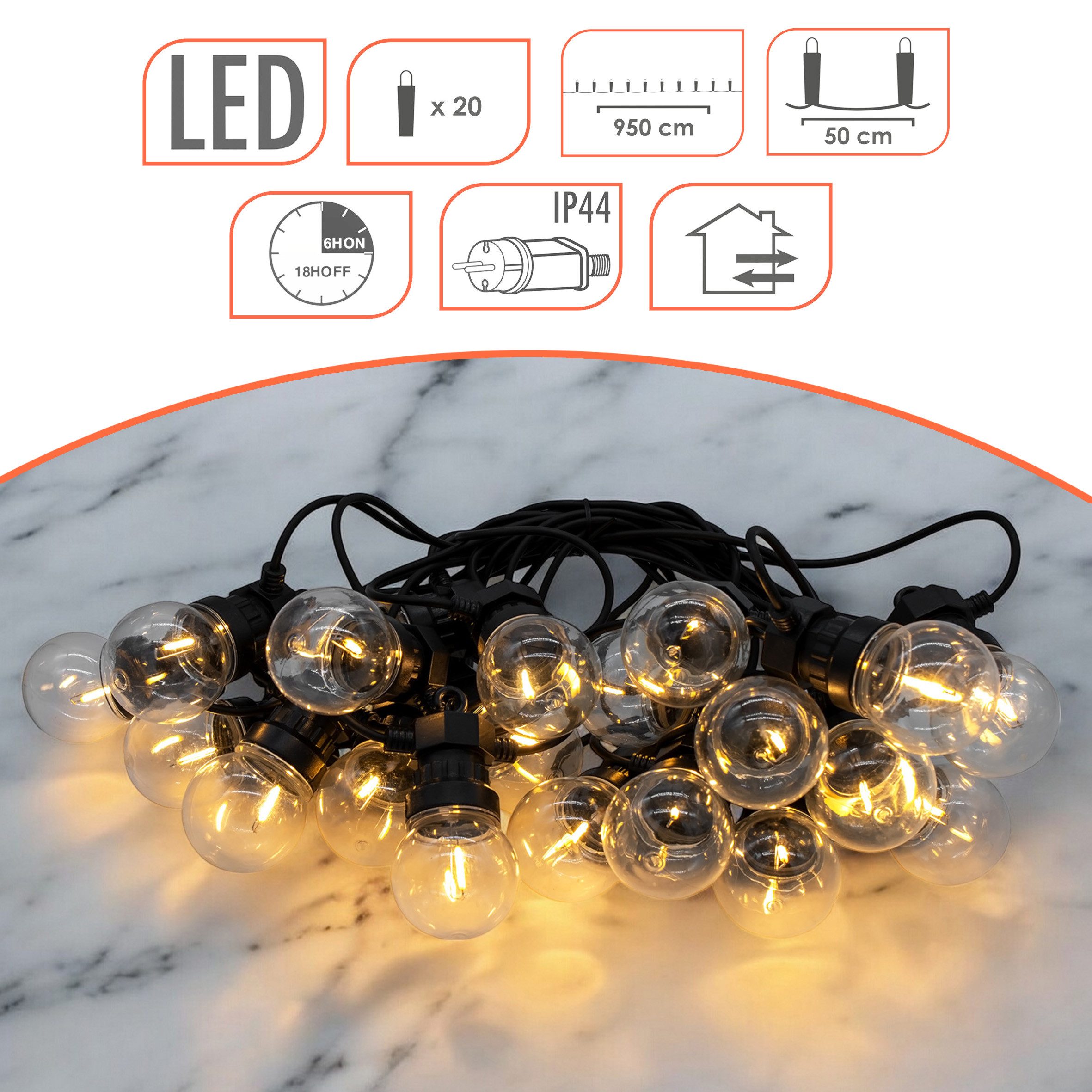 Spetebo LED-Lichterkette Außen Lichterkette 20 LED Glühbirnen mit Timer - 950 cm, 20-flammig, Garten Dekobeleuchtung in warm weiß mit Stecker