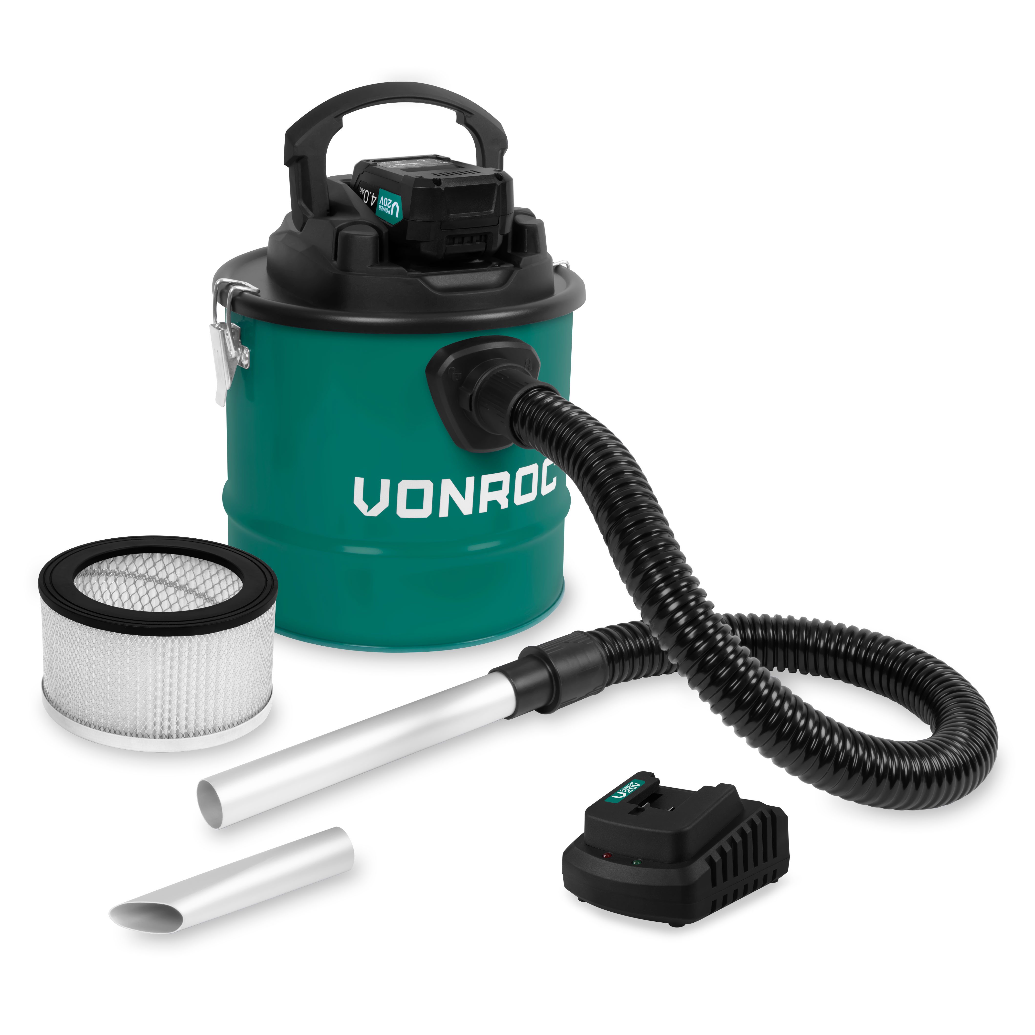 VONROC Aschesauger - VPower 20V Akku-Sauger, 12L Tank - HEPA Filter, beutellos, Inkl. 4.0AH Akku und Schnellladegerät
