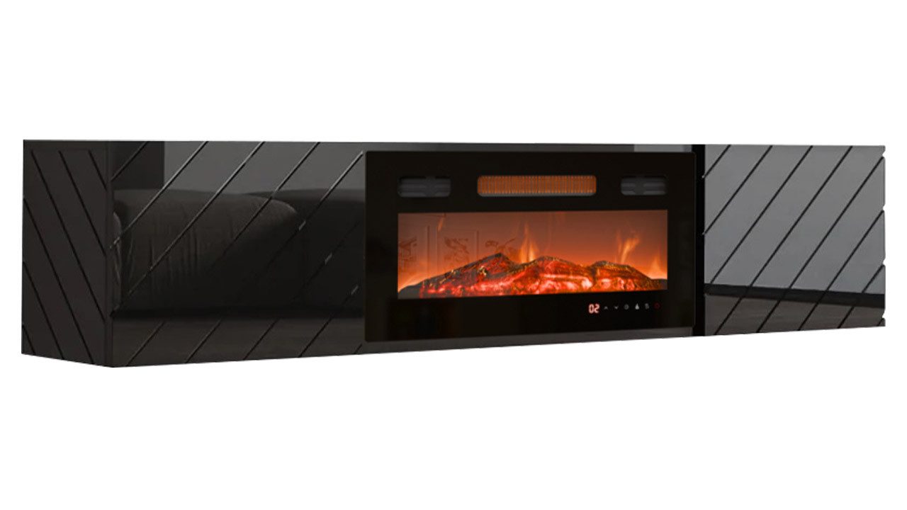 MIRJAN24 TV-Schrank Luxe (mit zwei Drehtüren, Elektrische Kamin) Realistische LED-Flamme, Gehärtetes Glas, 183x35x38 cm