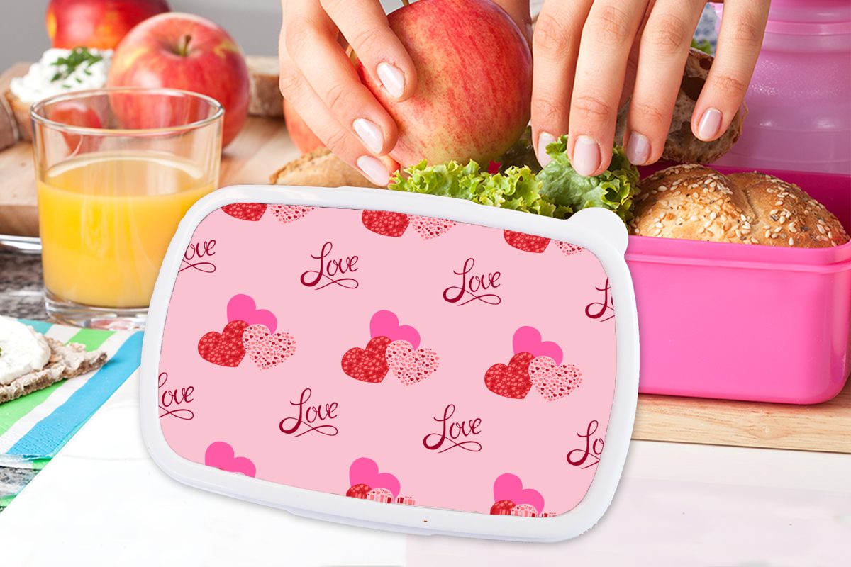 MuchoWow Lunchbox für Brotbox Kinder, Brotdose Liebe Snackbox, - Mädchen, Kunststoff, Design Erwachsene, Kunststoff - Liebesgeschenk, (2-tlg), rosa