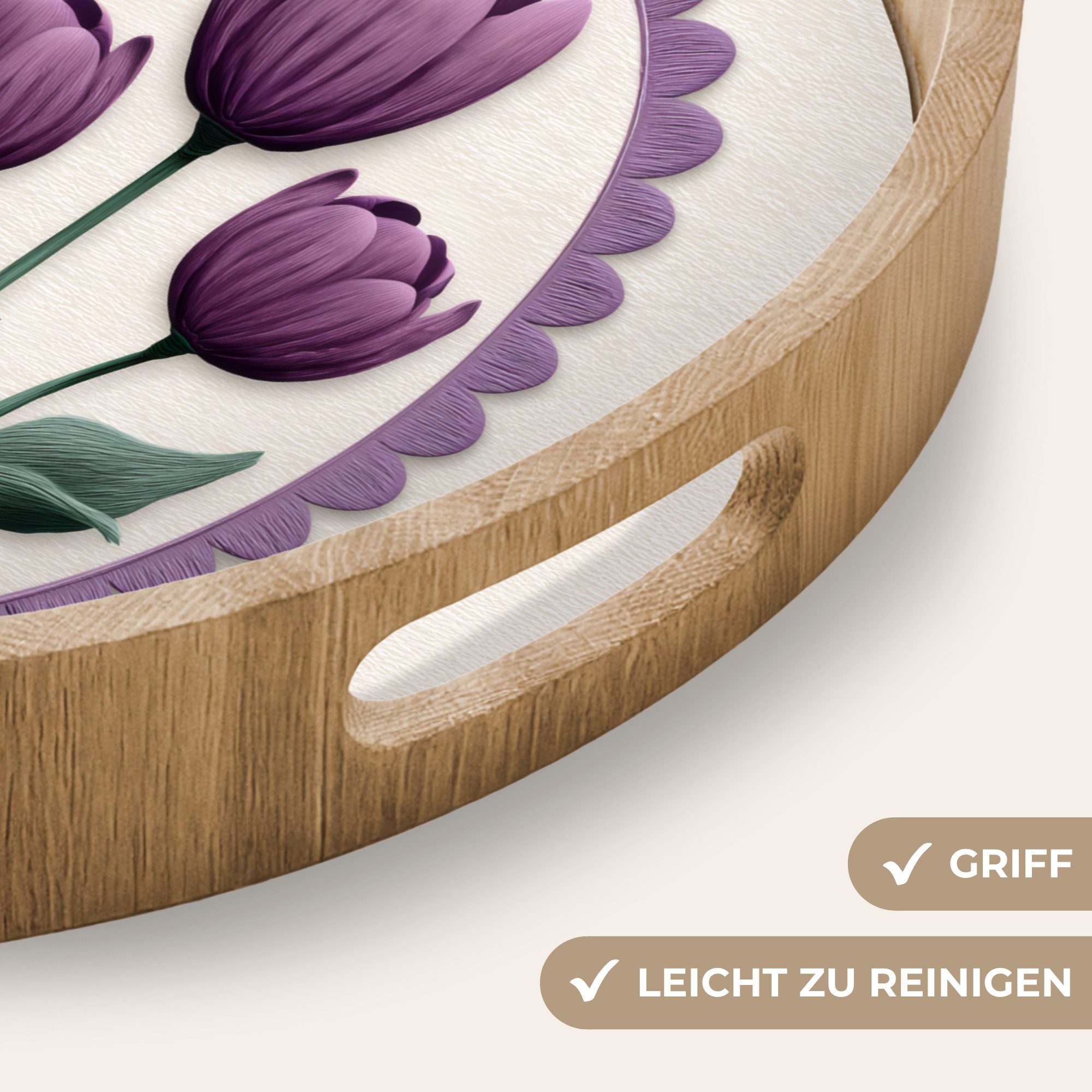 OnlyWow Tablett Rund mit Henkel Tulpen - Lila - Liste - Blätter, Eichenholz, (1-tlg), Siervierplatte, Tray, Frühstücksbrett
